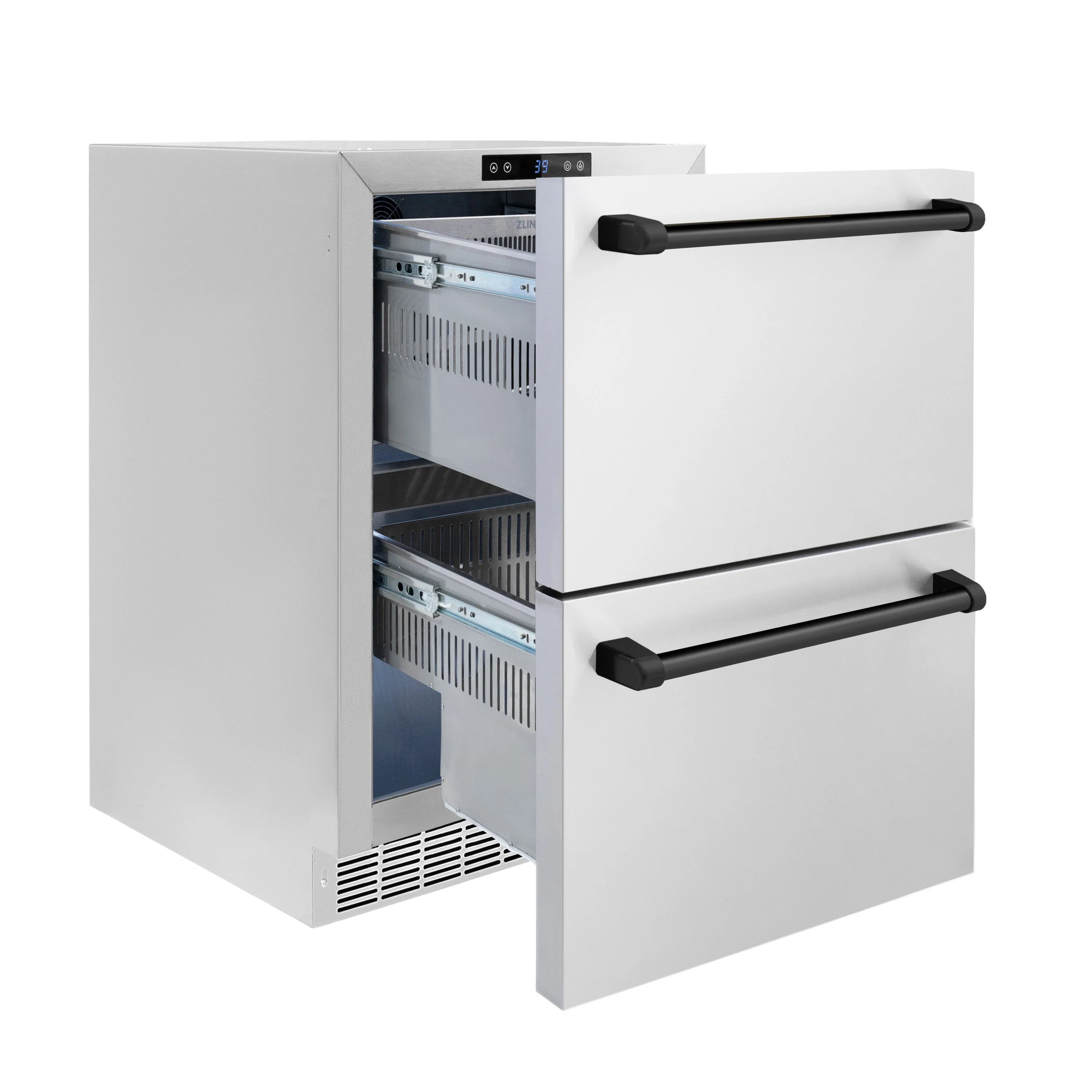 Open stainless refrigerator drawer with interior shelves and matte black handles