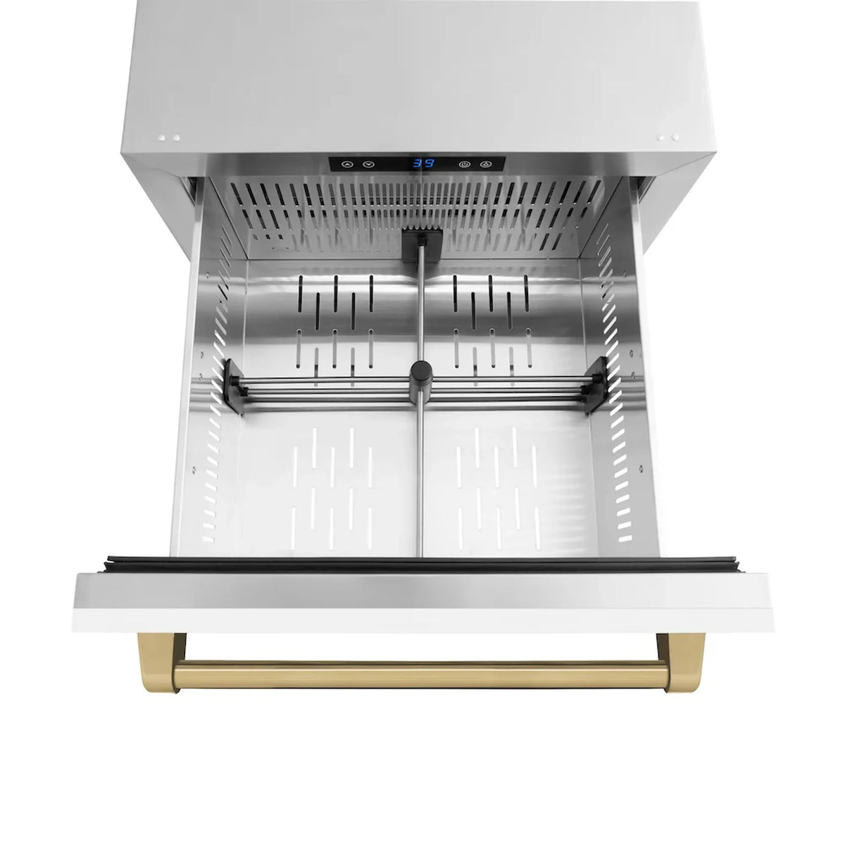 Refrigerator drawer open with champagne bronze handle bar and stainless interior