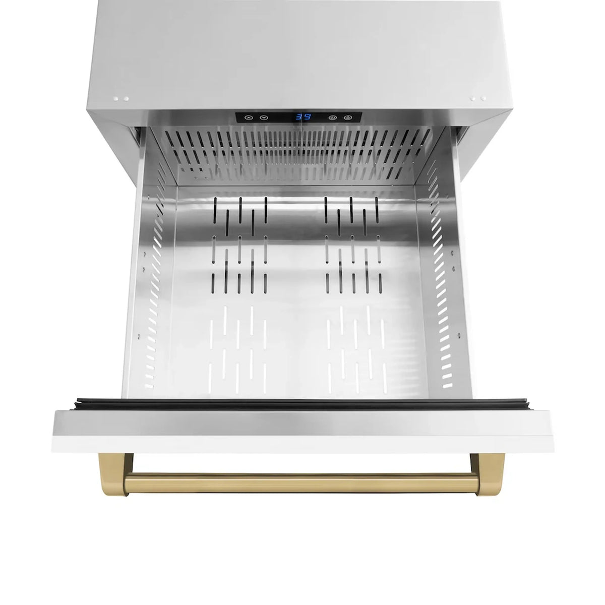Refrigerator drawer open showing stainless interior racks and champagne bronze handle