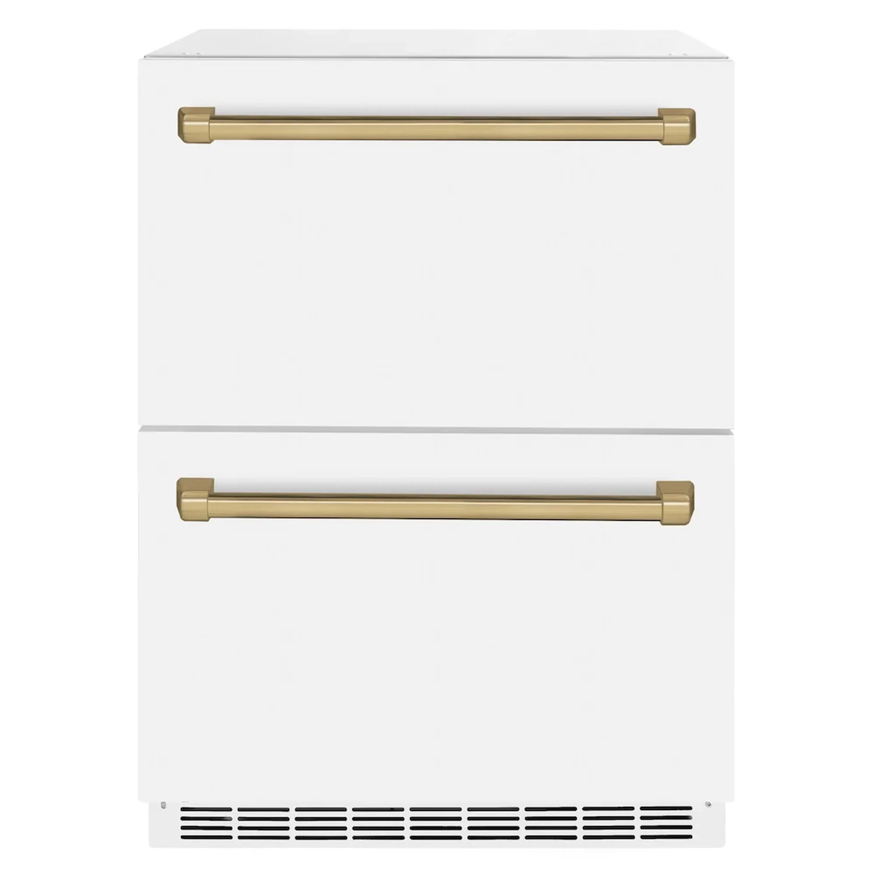 White matte refrigerator drawer with two horizontal champagne bronze handle bars