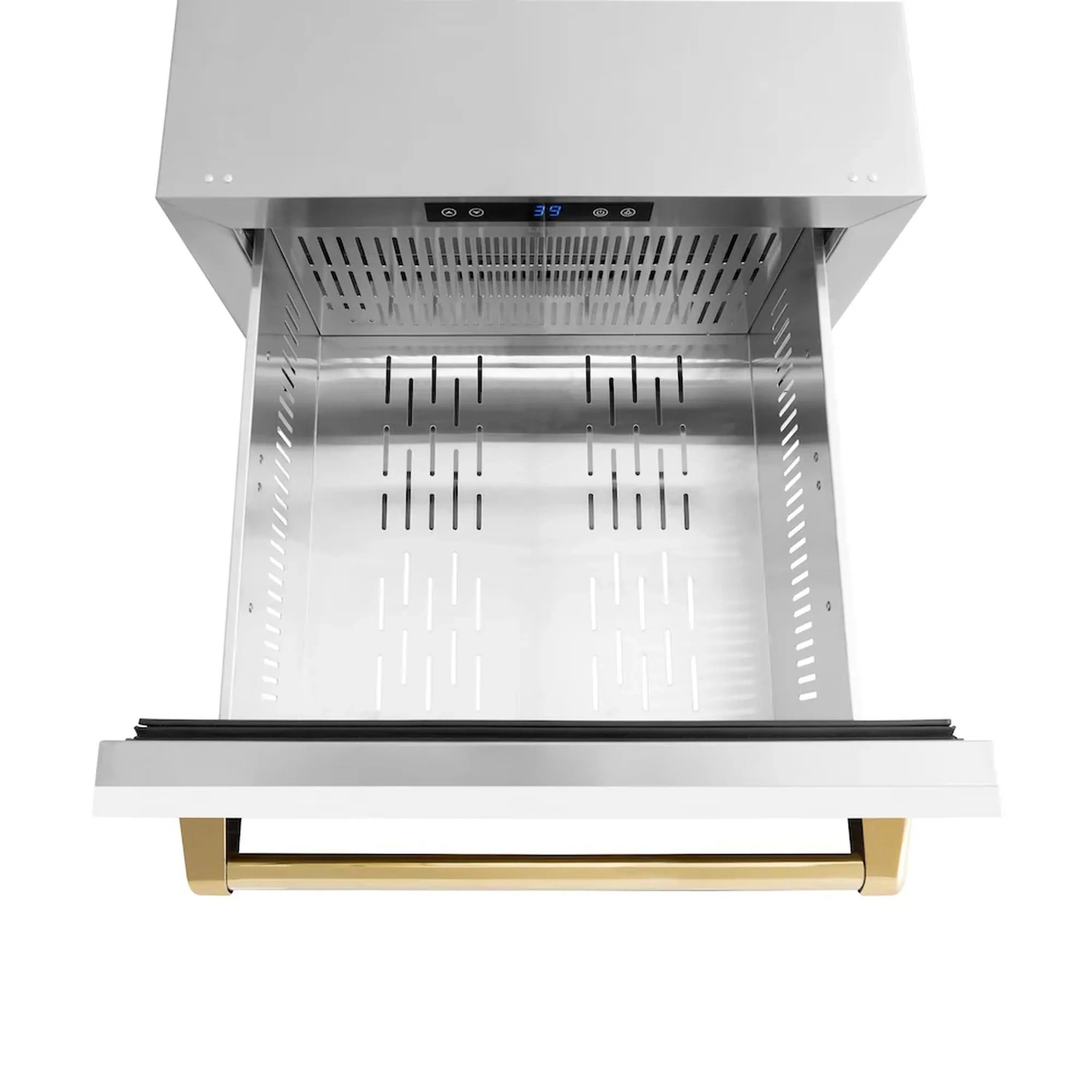 Open white refrigerator drawer with interior metal racks and gold bar handle