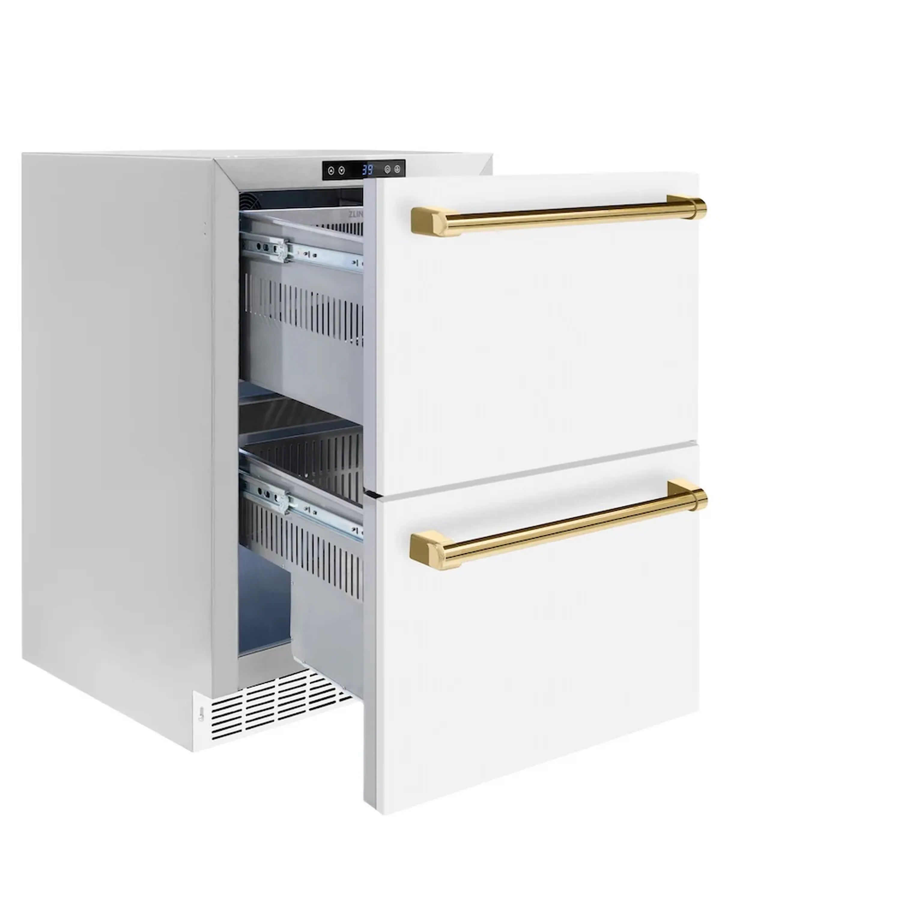 Open white refrigerator drawer showing interior racks and two gold bar handles