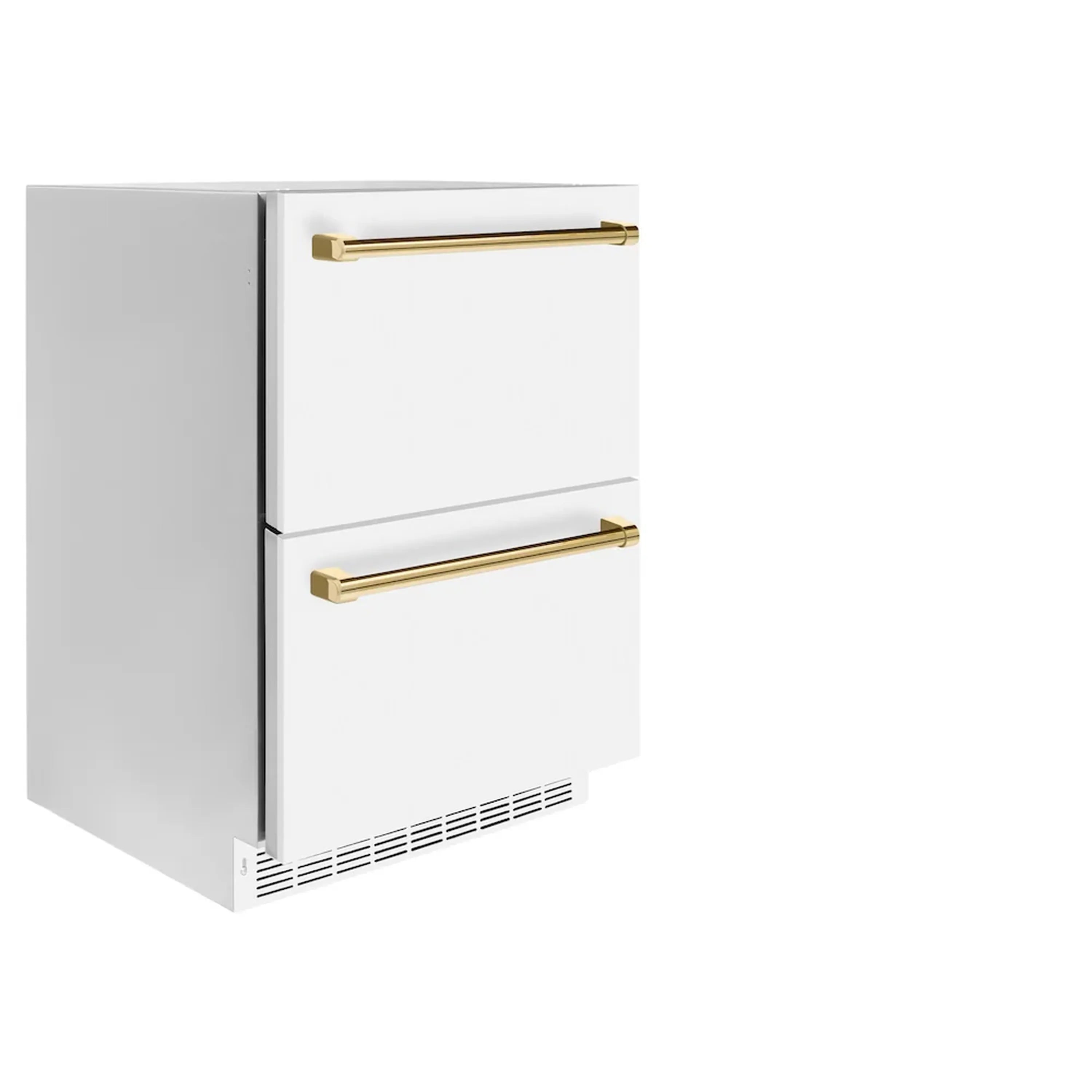 White refrigerator drawer with gold bar handles, side view, and bottom vent grille
