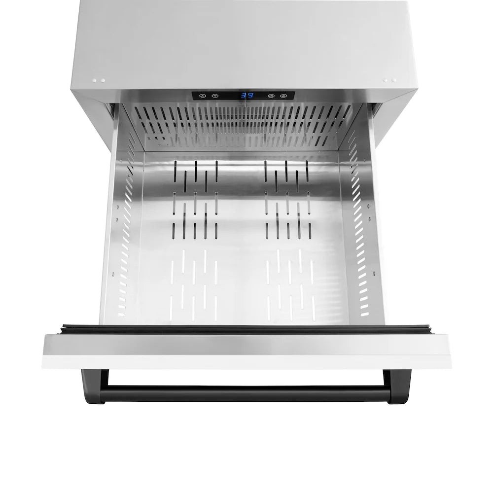 White refrigerator drawer with open interior, vented walls, and black front handle
