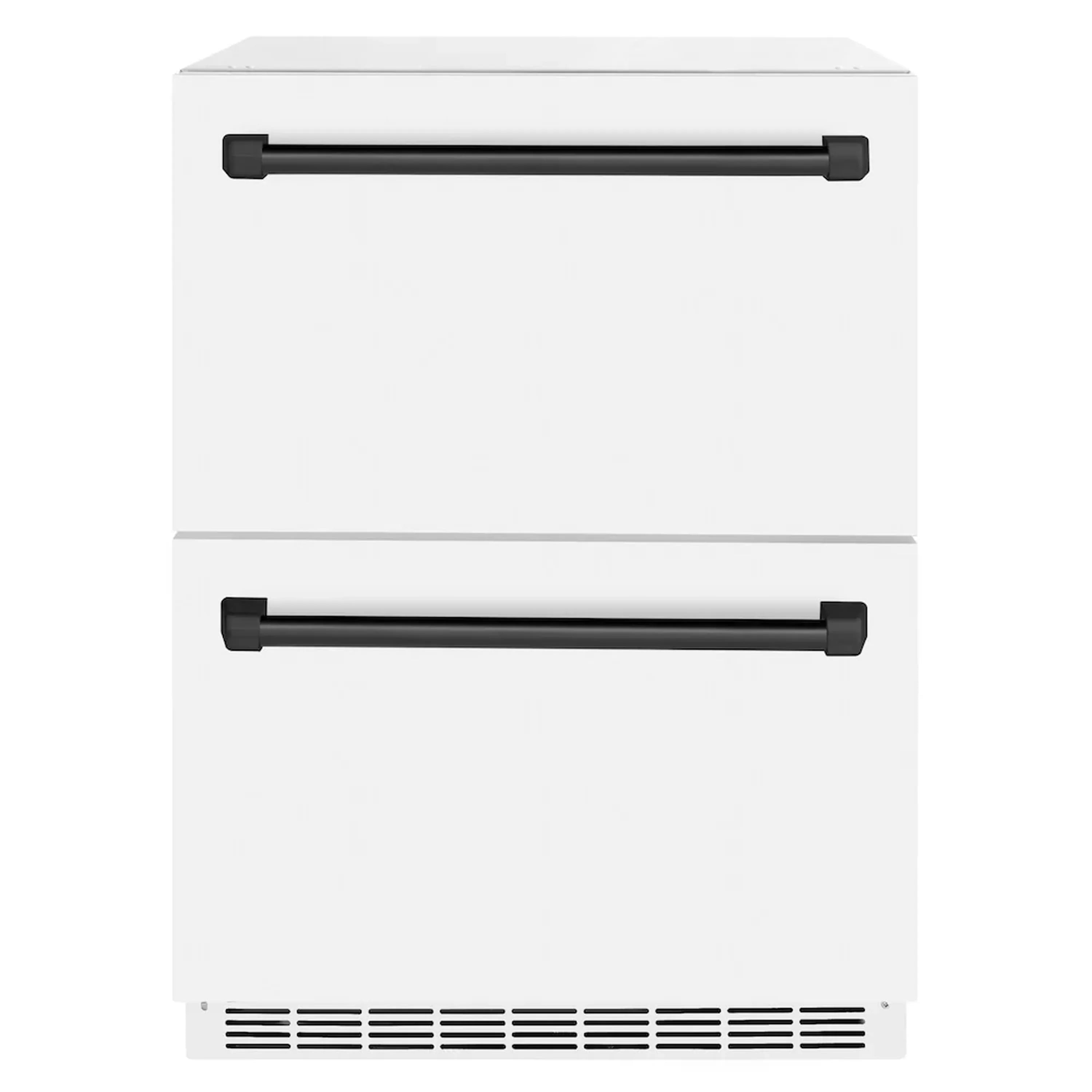 White double refrigerator drawers with matte black handles and lower vent grille
