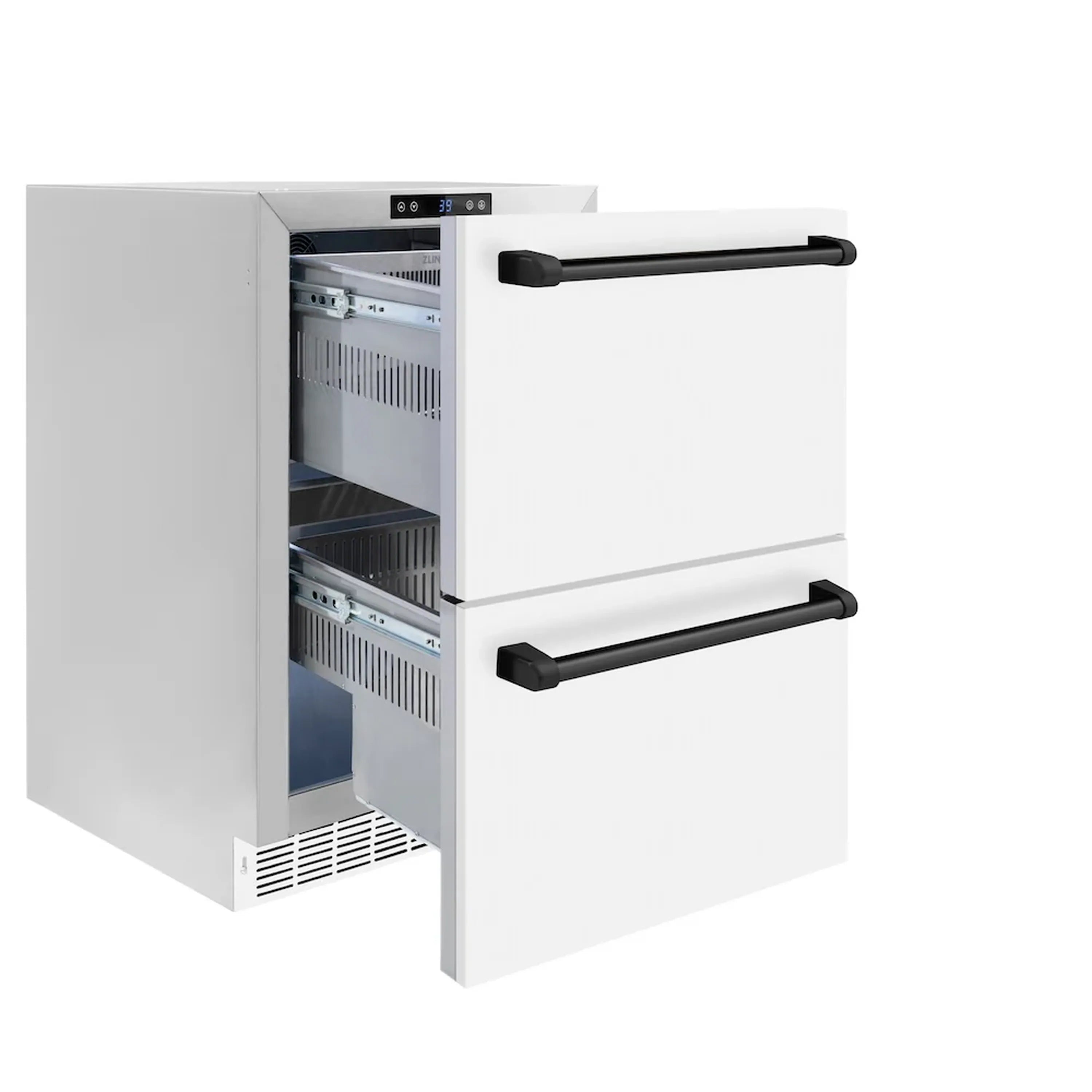 Open white refrigerator drawer with interior shelves and matte black pull handles