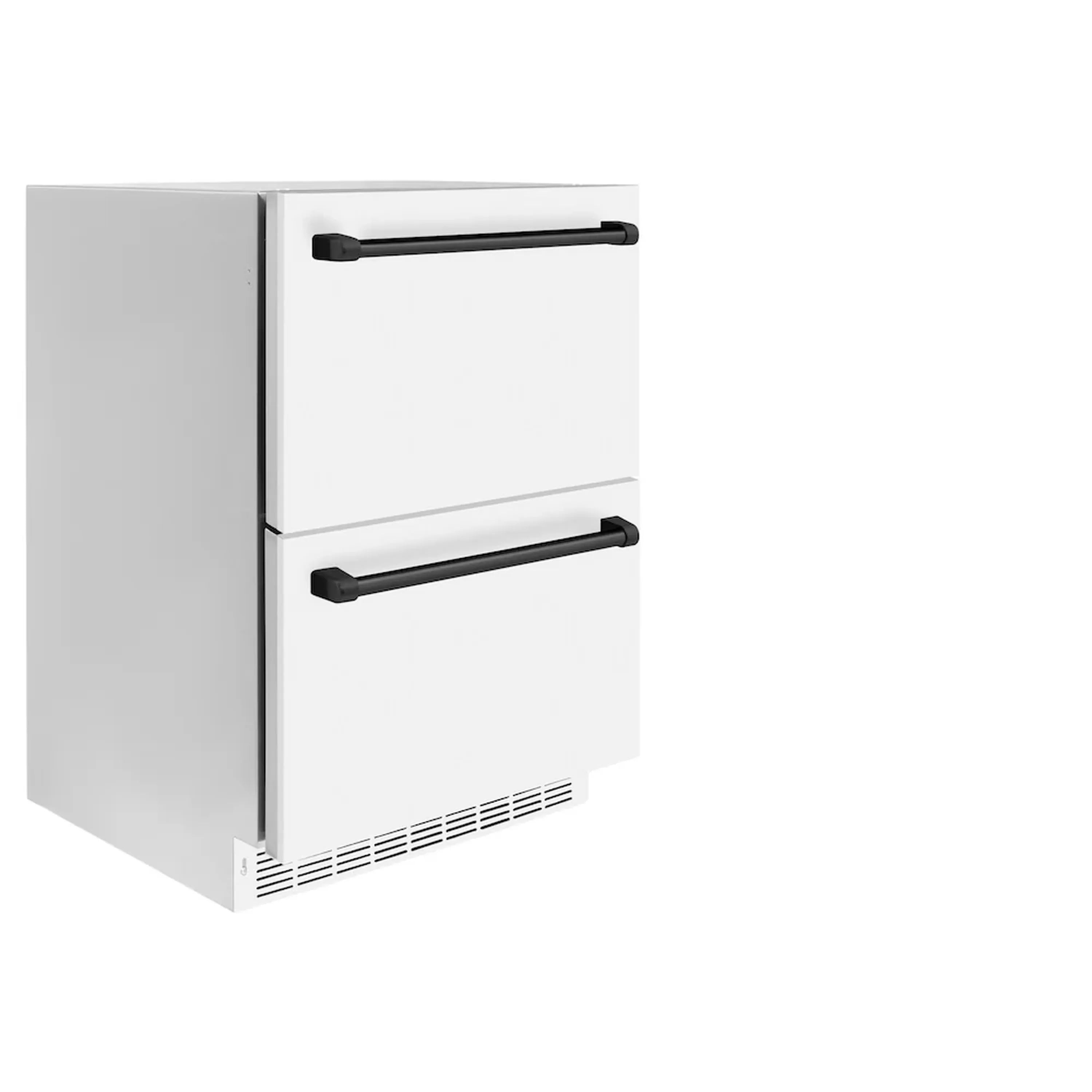 White refrigerator drawer with matte black pull handles and vented base
