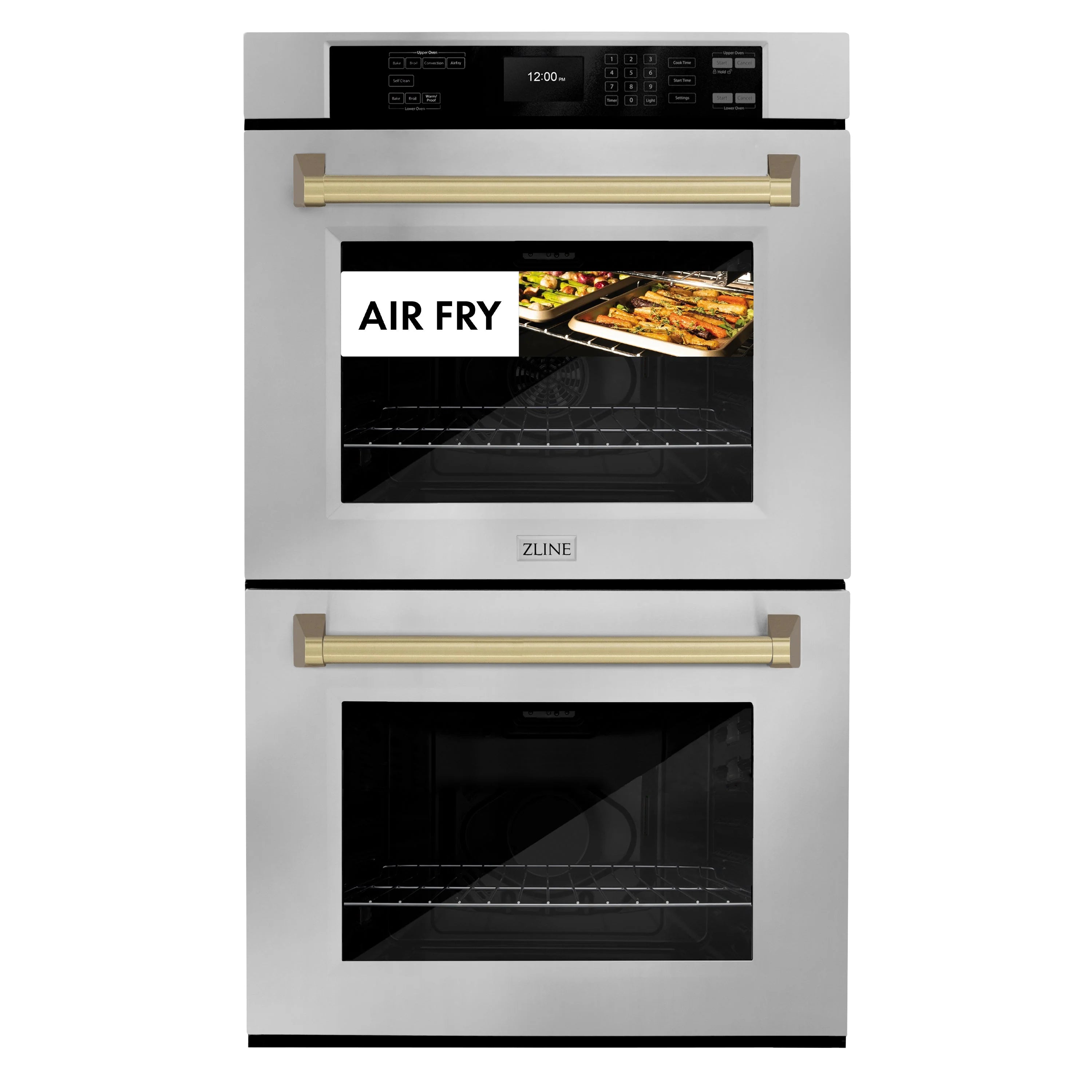 Double wall oven front with Air Fry panel and champagne bronze handle bars