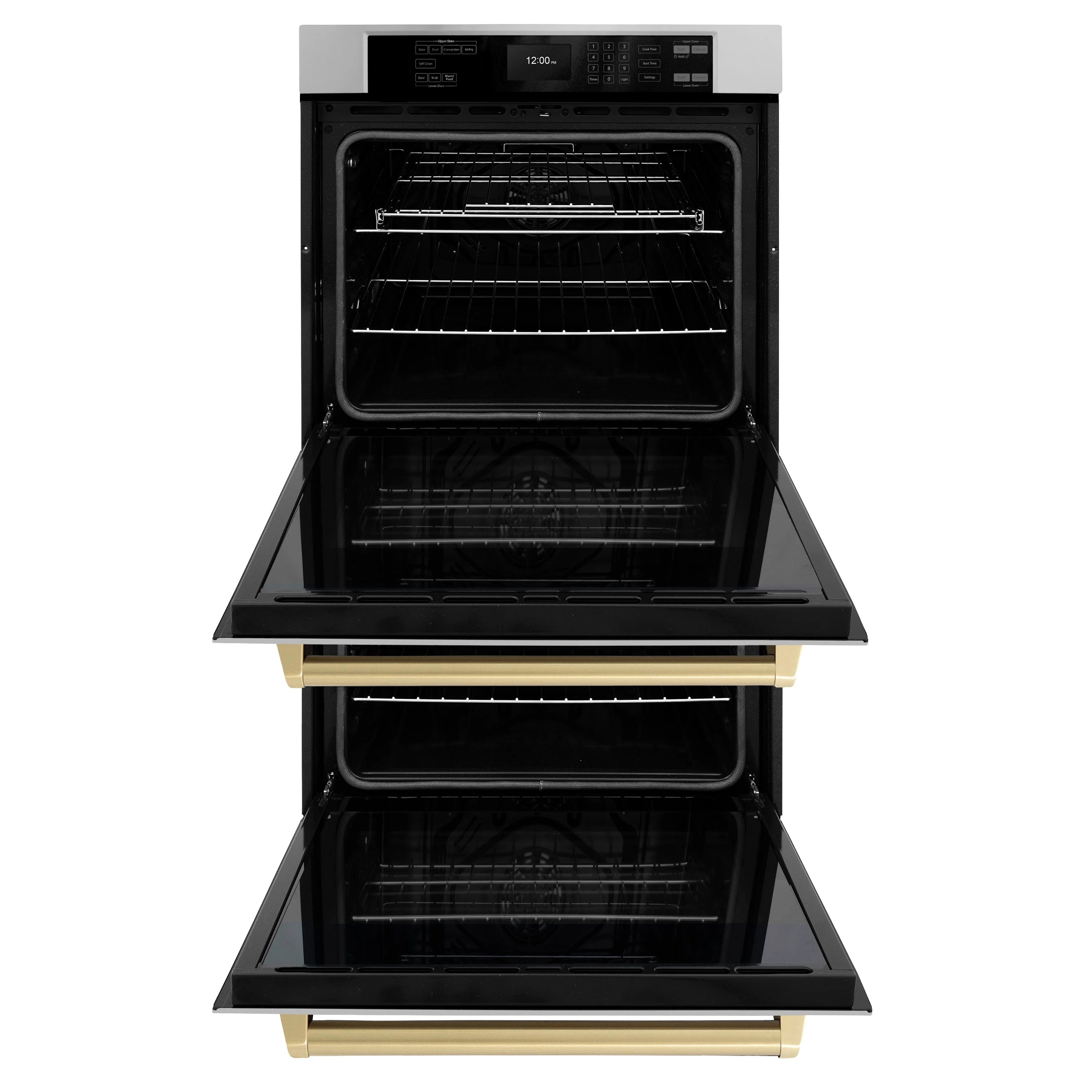 Double wall oven with open upper/lower doors, stainless steel, champagne bronze handles