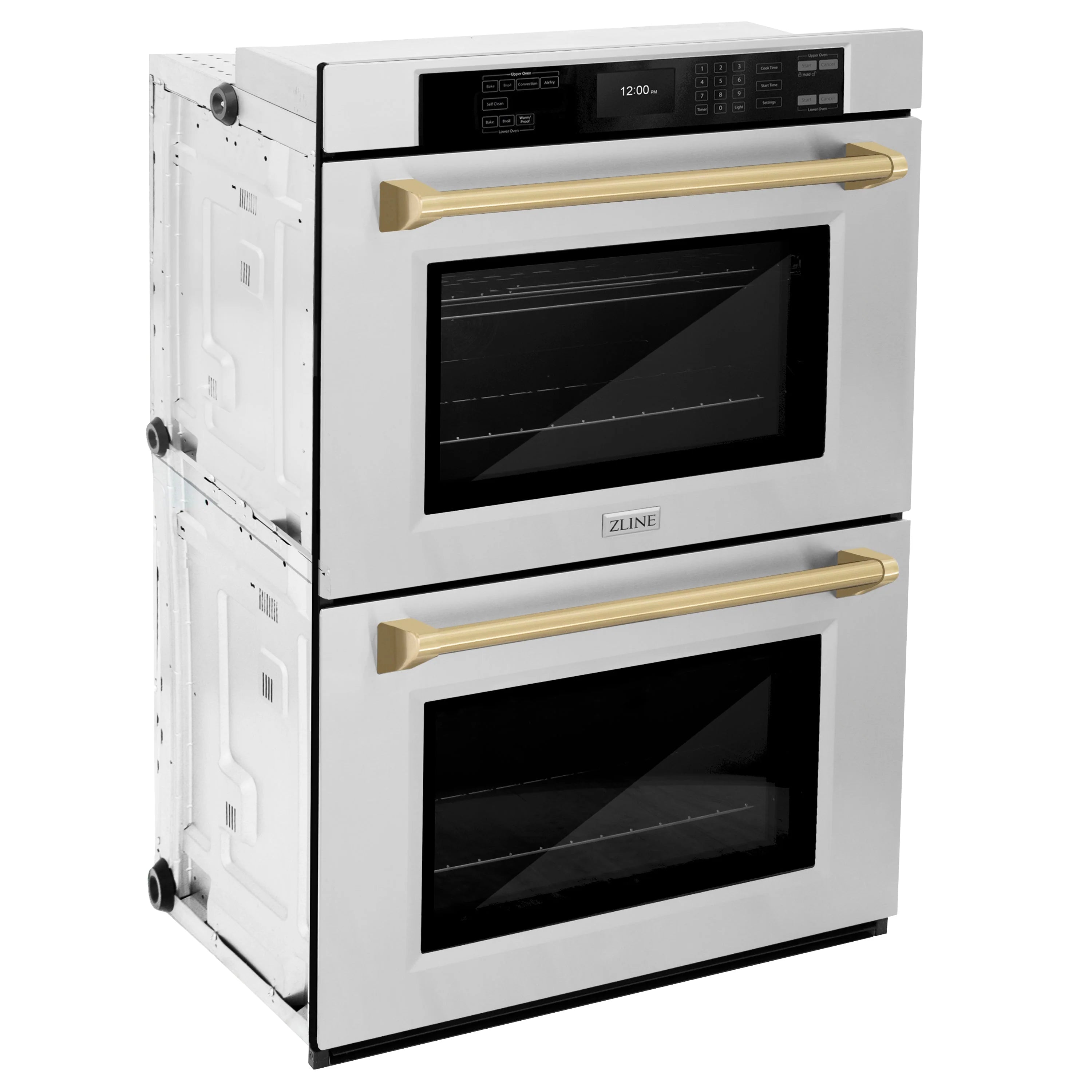 Double wall oven with two black-glass doors and champagne bronze handles, stainless finish
