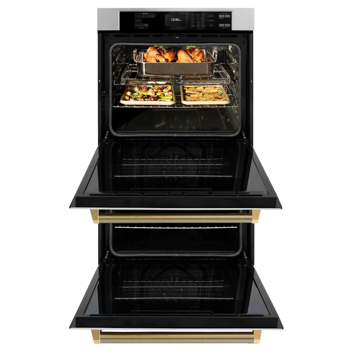 Stainless steel and black double wall oven with trays of food on racks