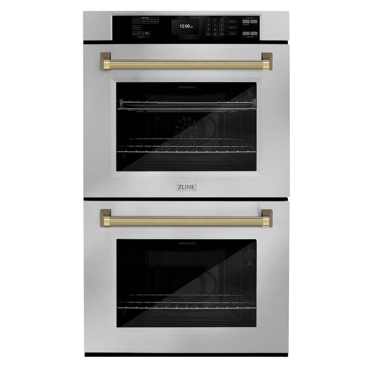 Double wall oven front with two glass doors, stainless finish and gold bar handles