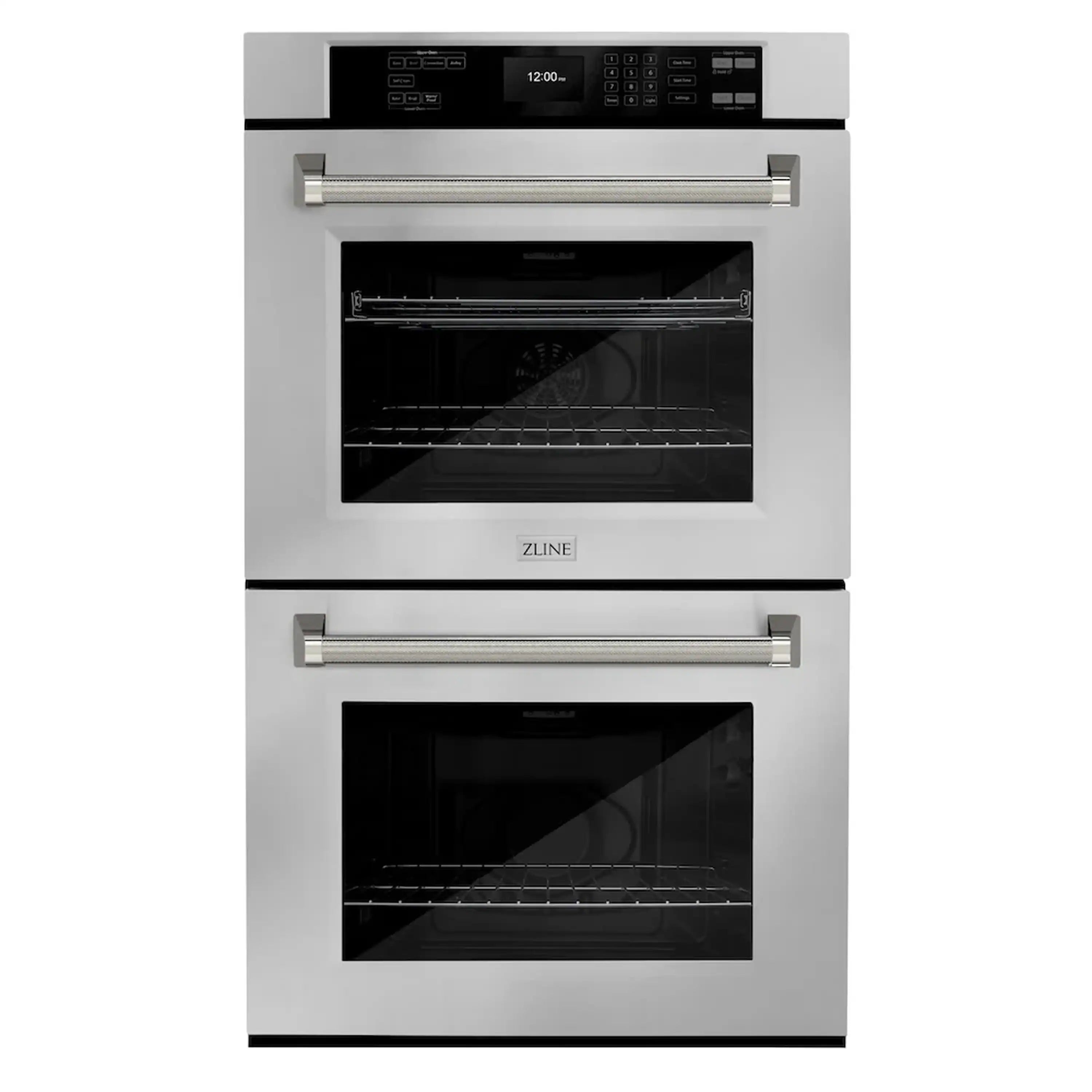 Stainless double wall oven with two glass doors, nickel helix bar handles, racks visible