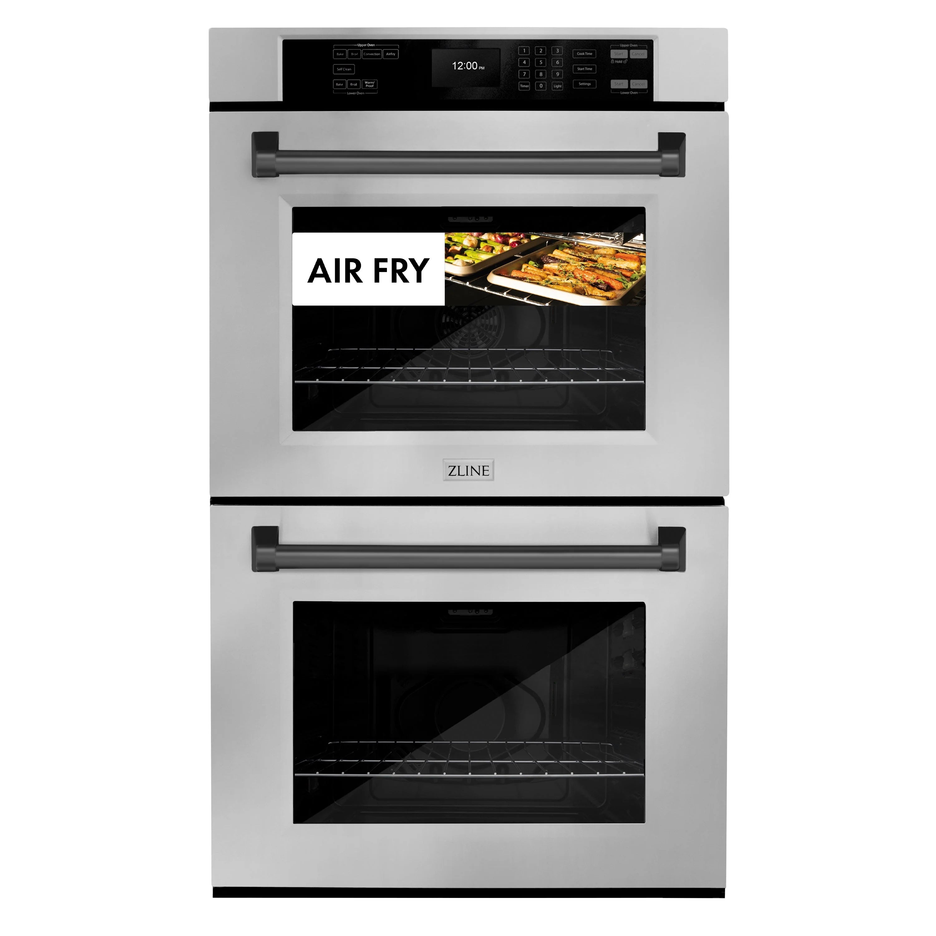 ZLINE double wall oven with two doors, black handles, and an Air Fry window