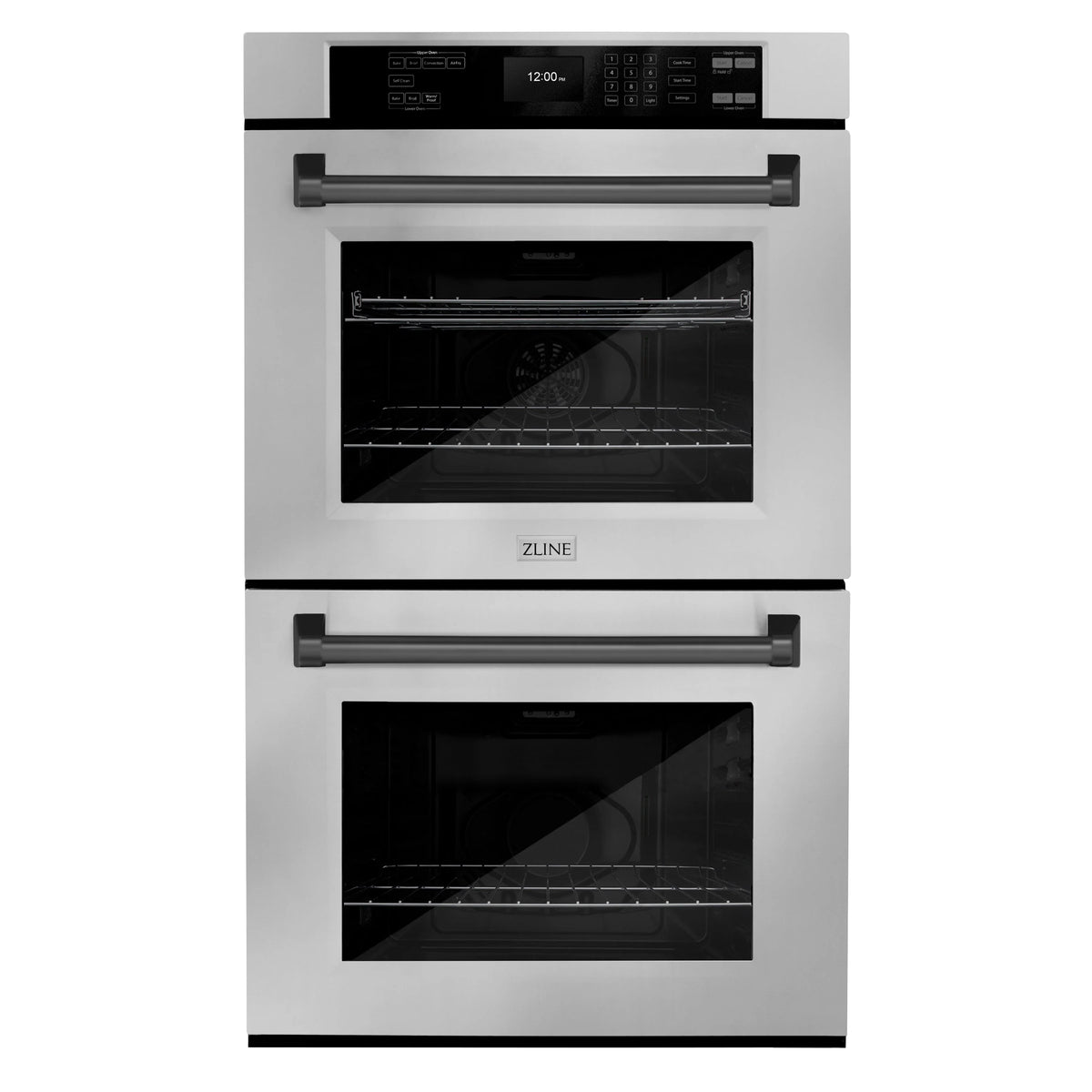 Stainless double wall oven with two black glass doors and matte black handle grips