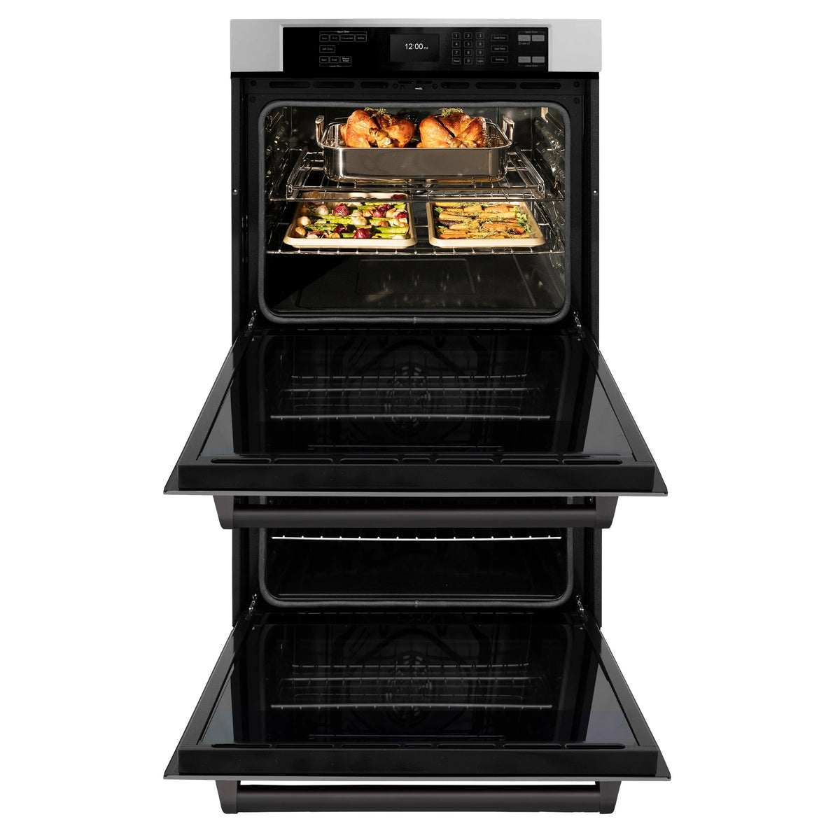 Double wall oven with both doors open and food trays baking in each oven cavity