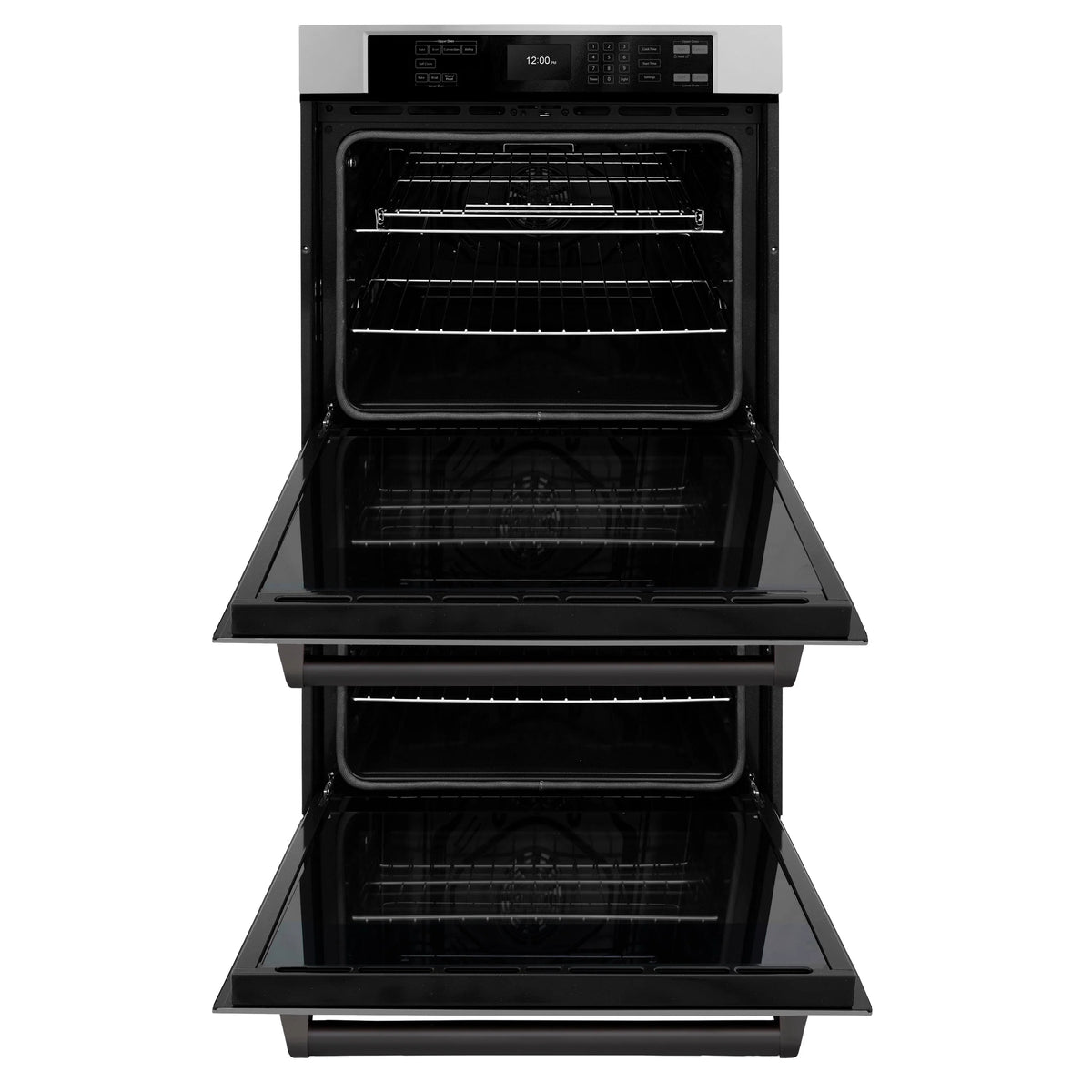 Double wall oven with both doors open, empty racks and trays, black interior