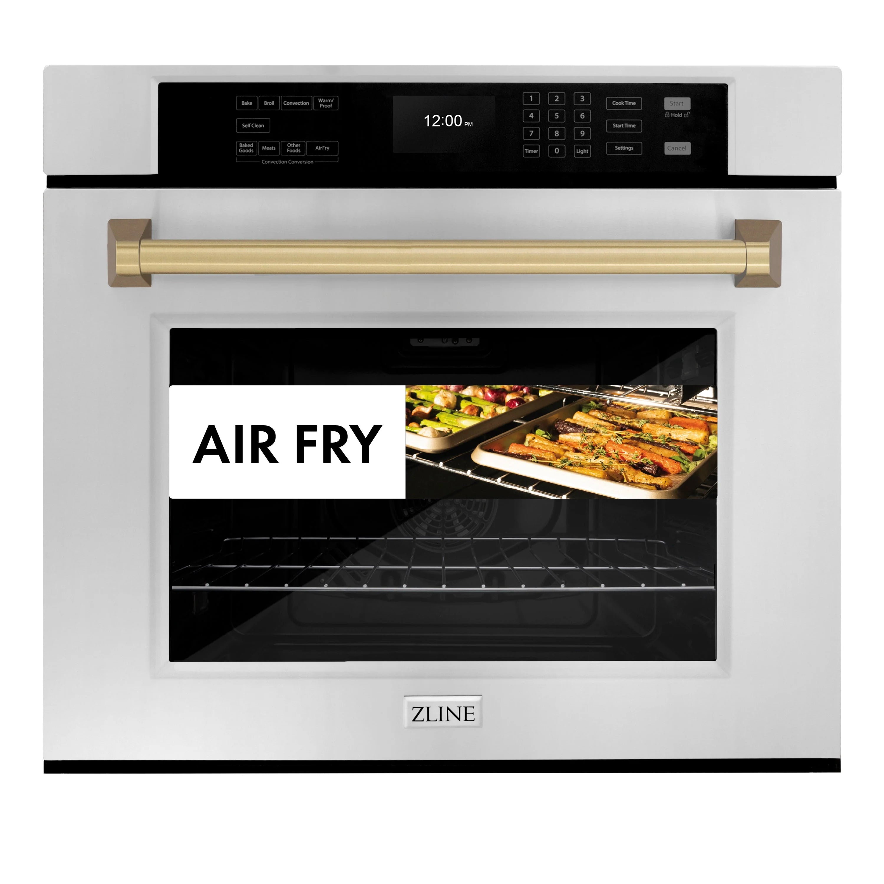 Single wall oven with cooking mode label 'AIR FRY' and food tray inside