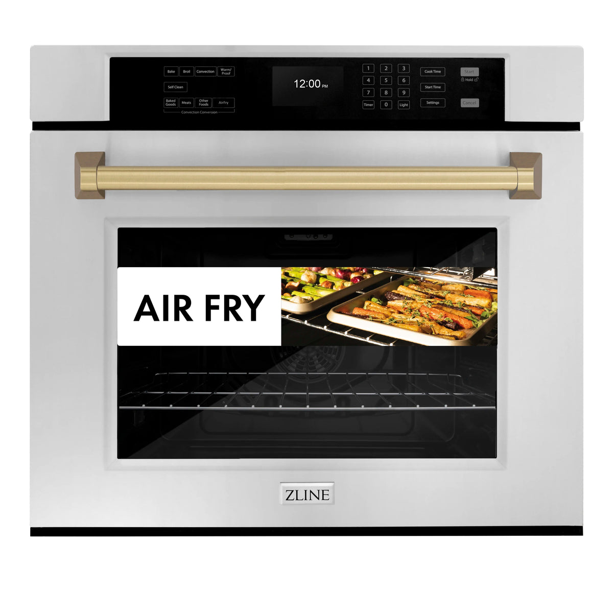 Single wall oven door open with Air Fry display and champagne bronze handle