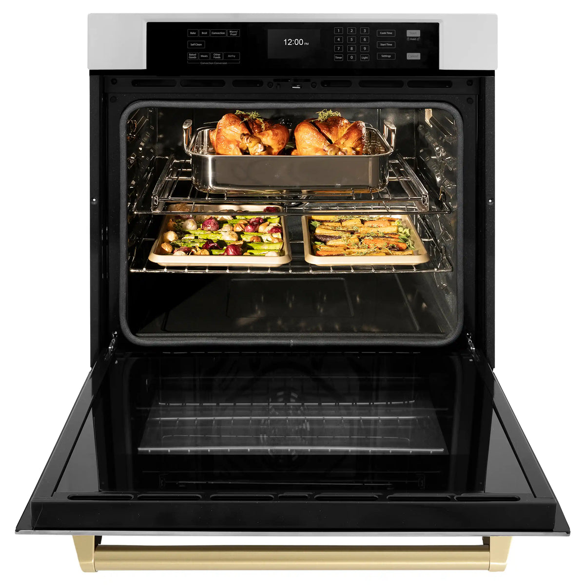 Single wall oven with door open, cookware on racks holding roasted chicken and vegetables