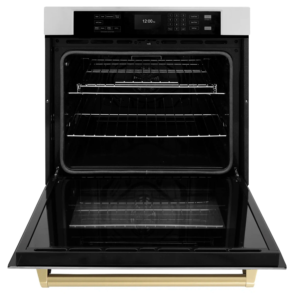 Single wall oven with door open, empty racks, and interior baking tray guides