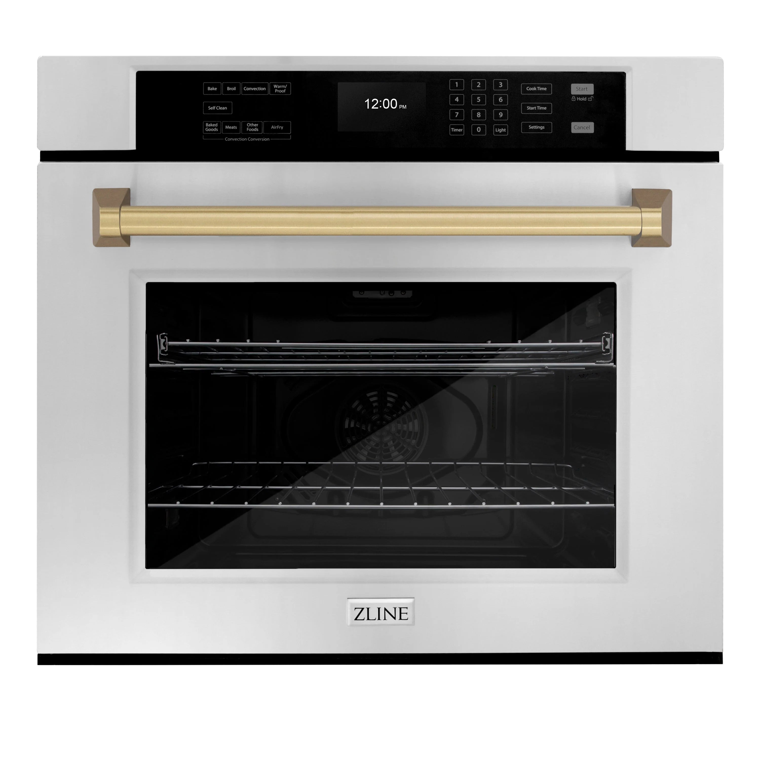 Single wall oven door open with racks and control panel above