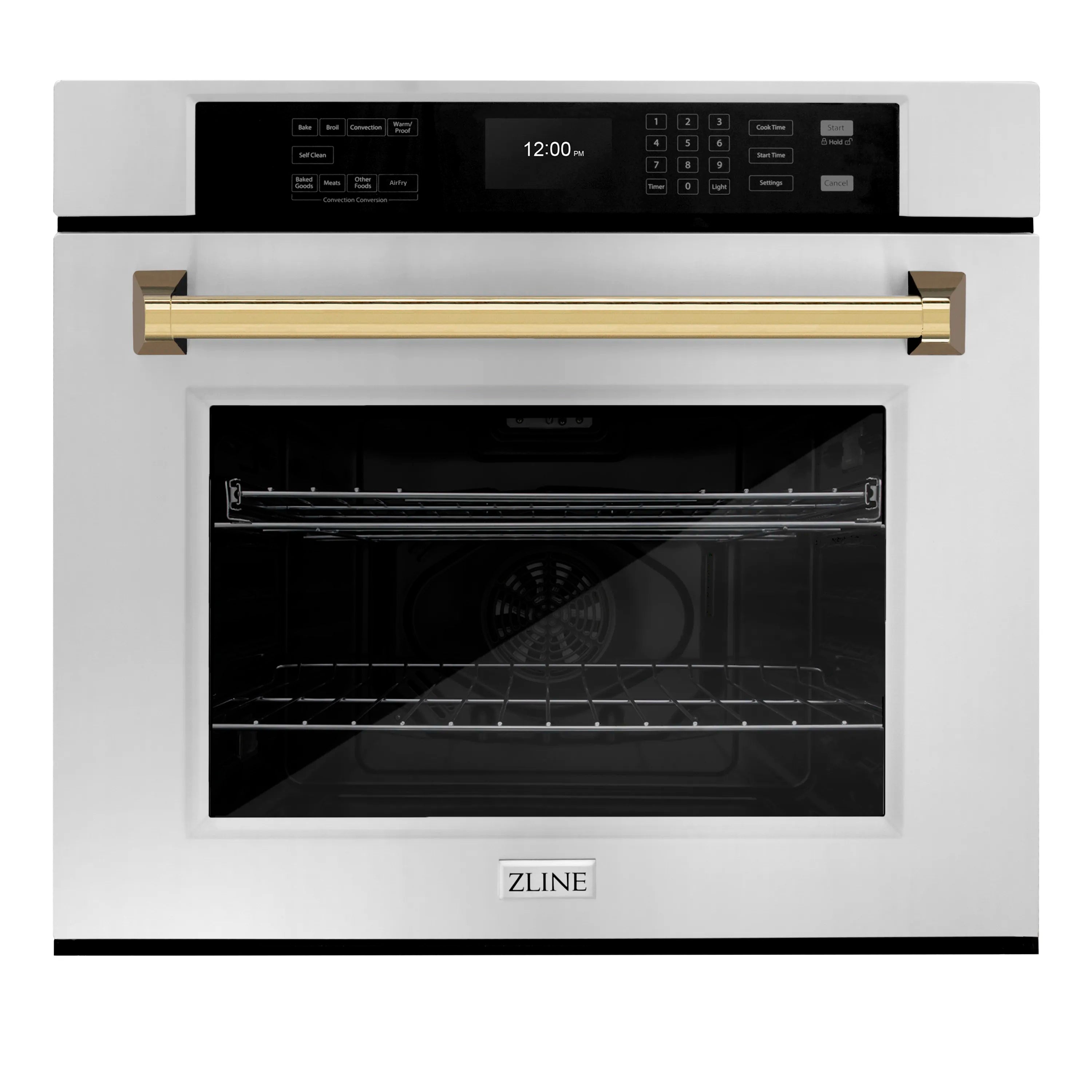 Stainless oven with polished gold handle and control panel, front door closed