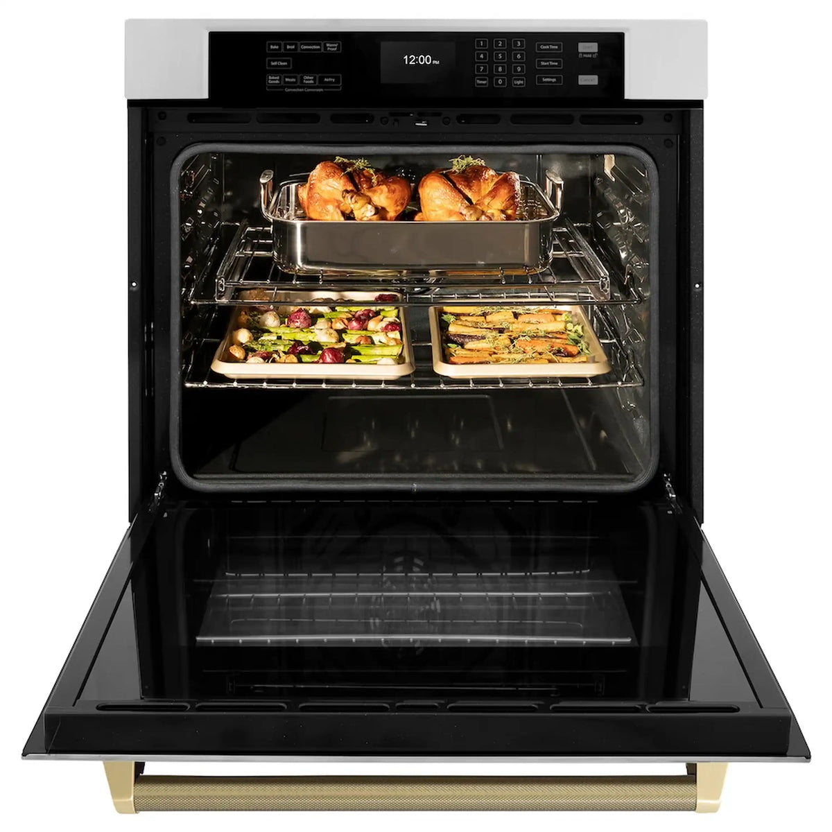 Open oven door with chicken in pan and two baking trays on racks