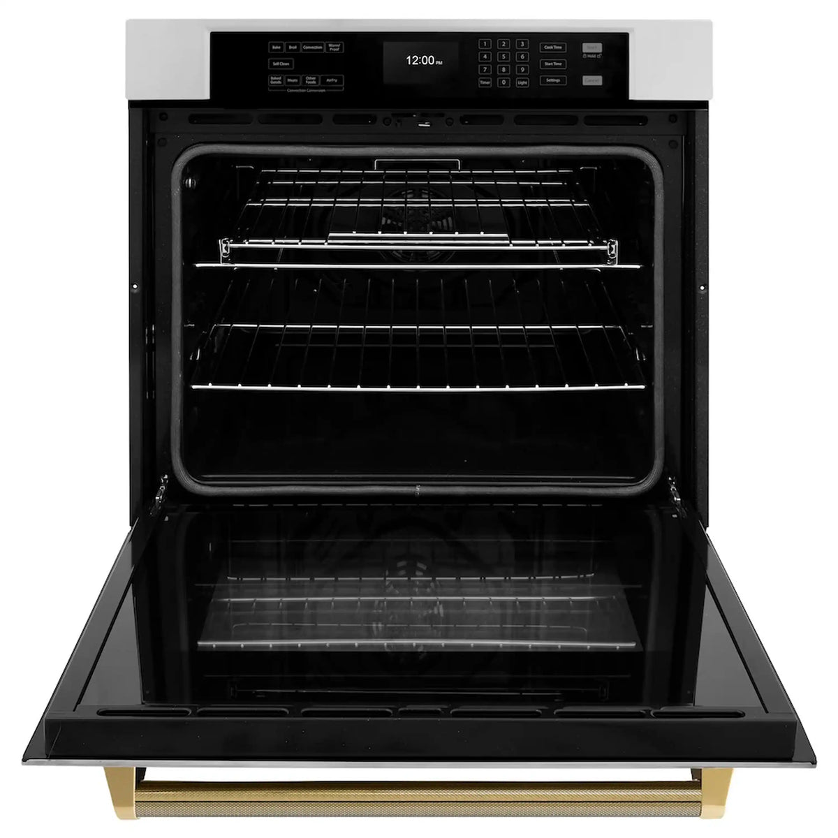 Built-in single-wall oven with stainless steel frame and open glass door