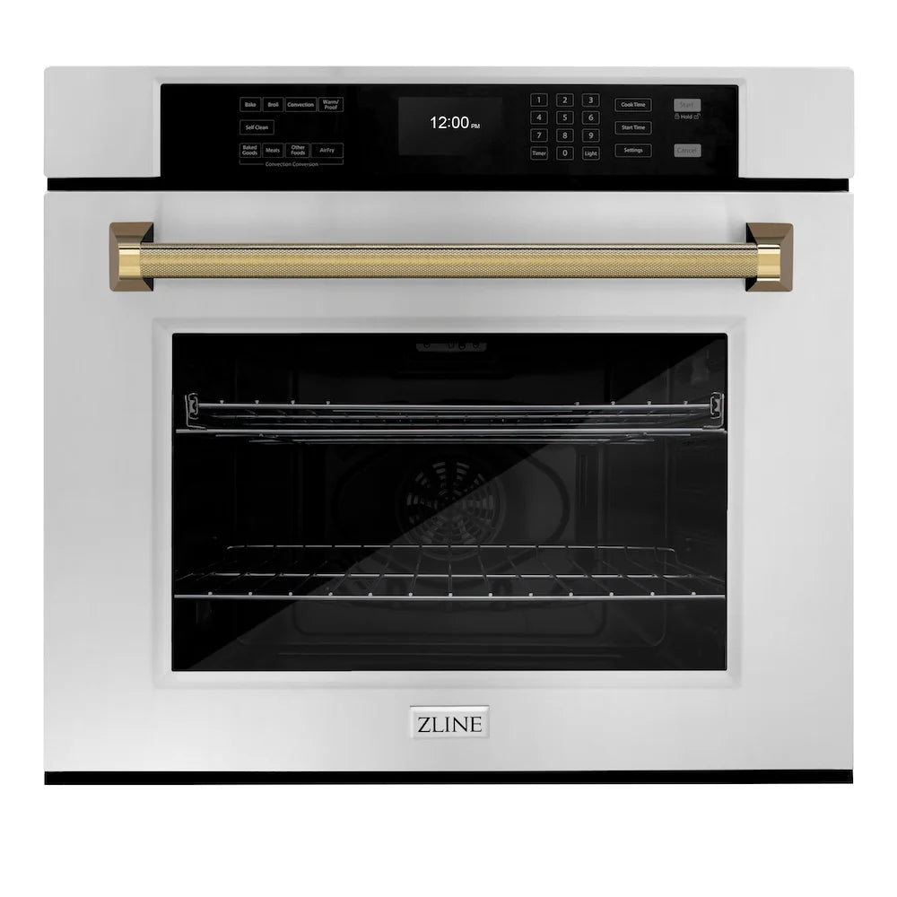 Stainless steel single wall oven with gold helix handle and open door