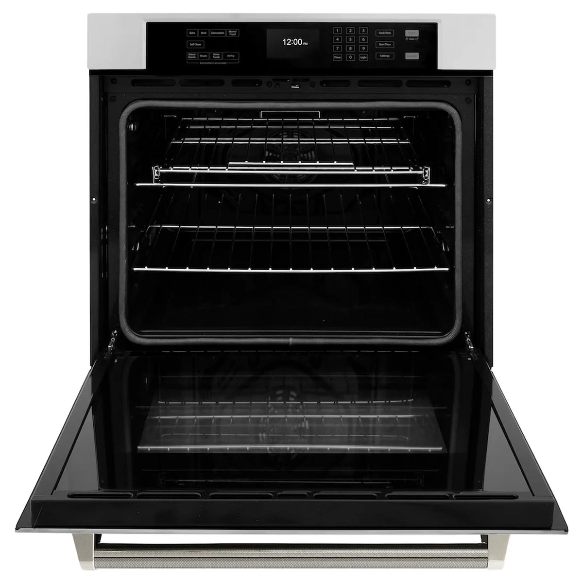 Single wall oven with open door, wire rack and bake tray inside