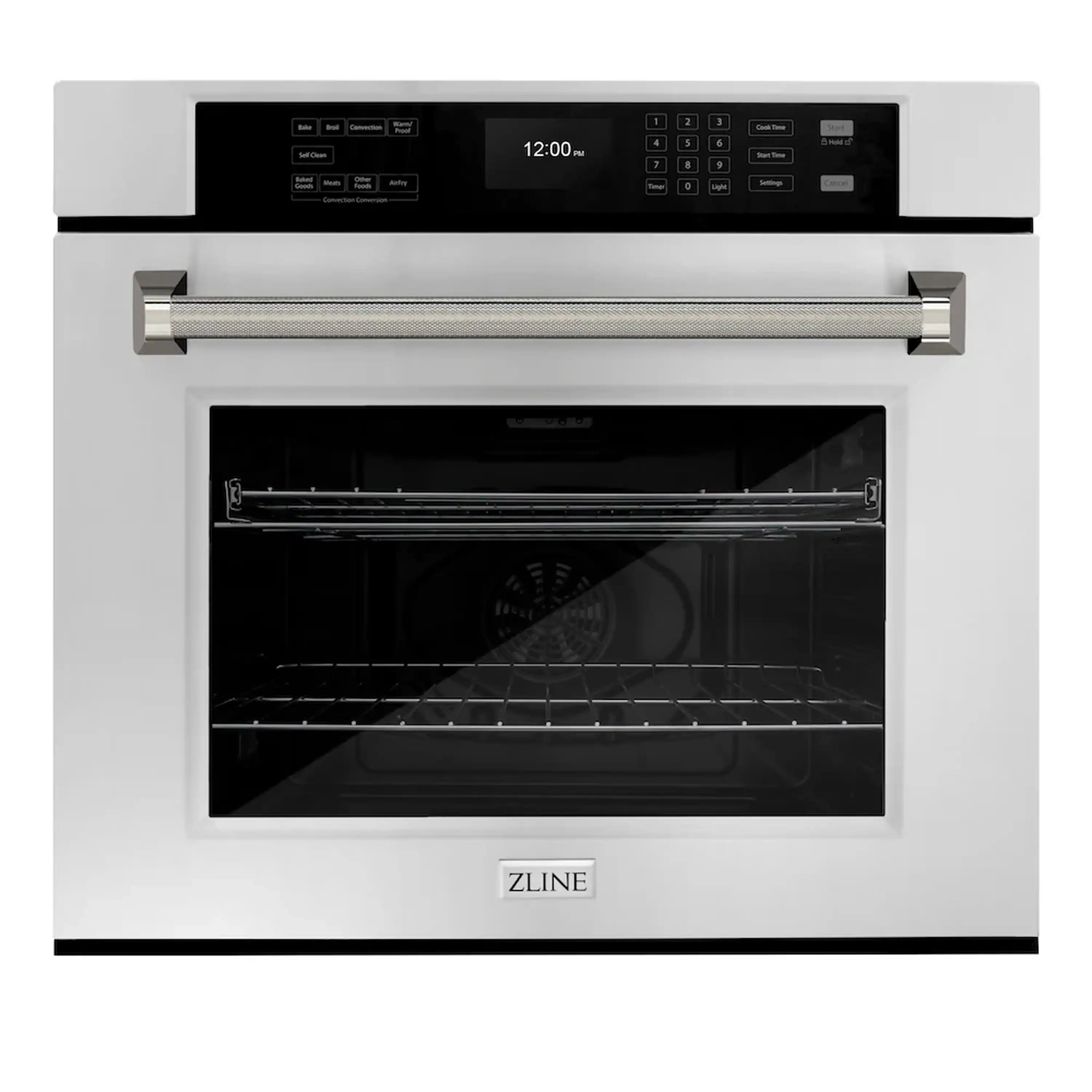 Single wall oven with open door and visible wire racks