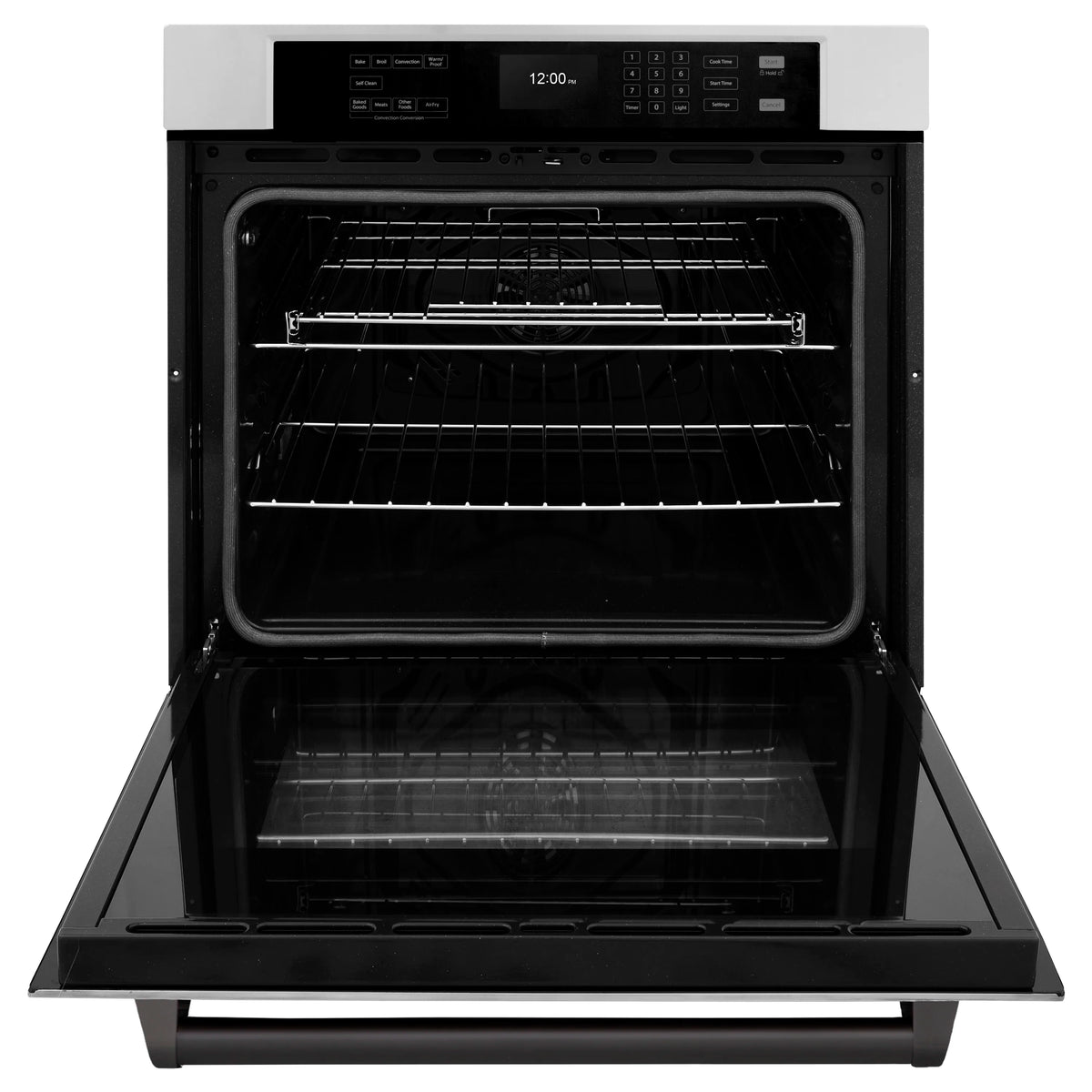 Built-in style oven door open showing black interior with two racks and top heating area
