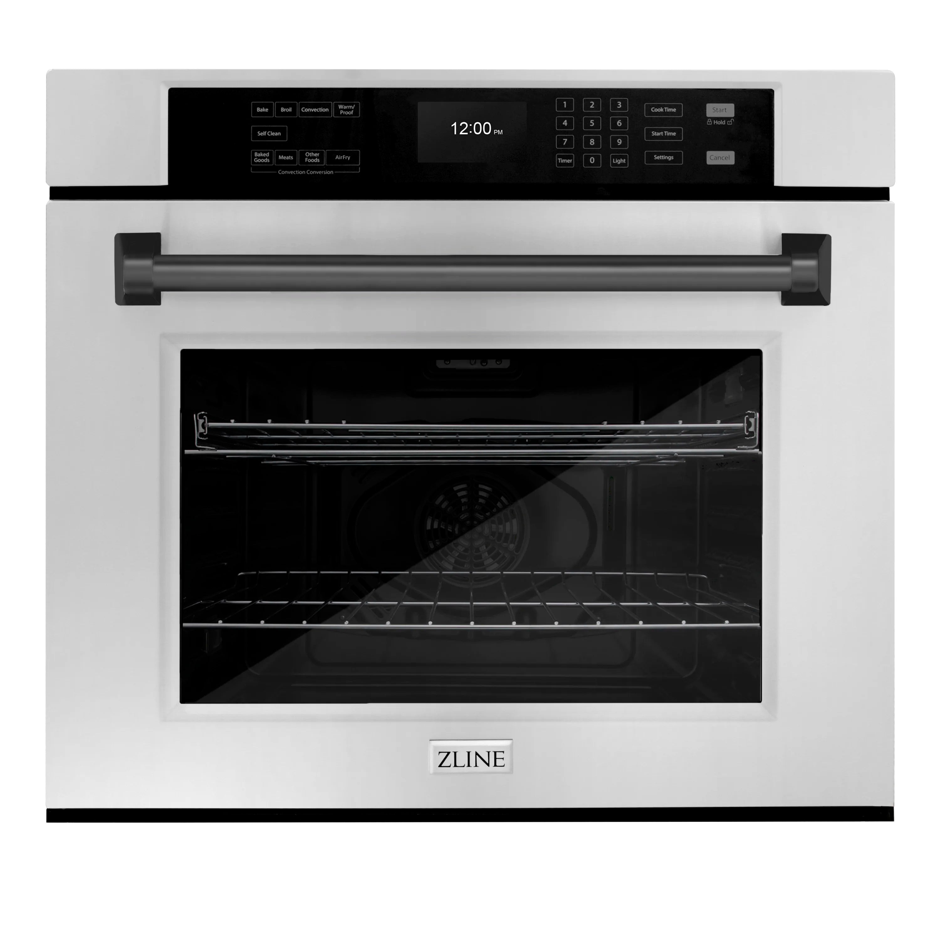 Stainless steel single-wall convection oven with black handle and digital control panel