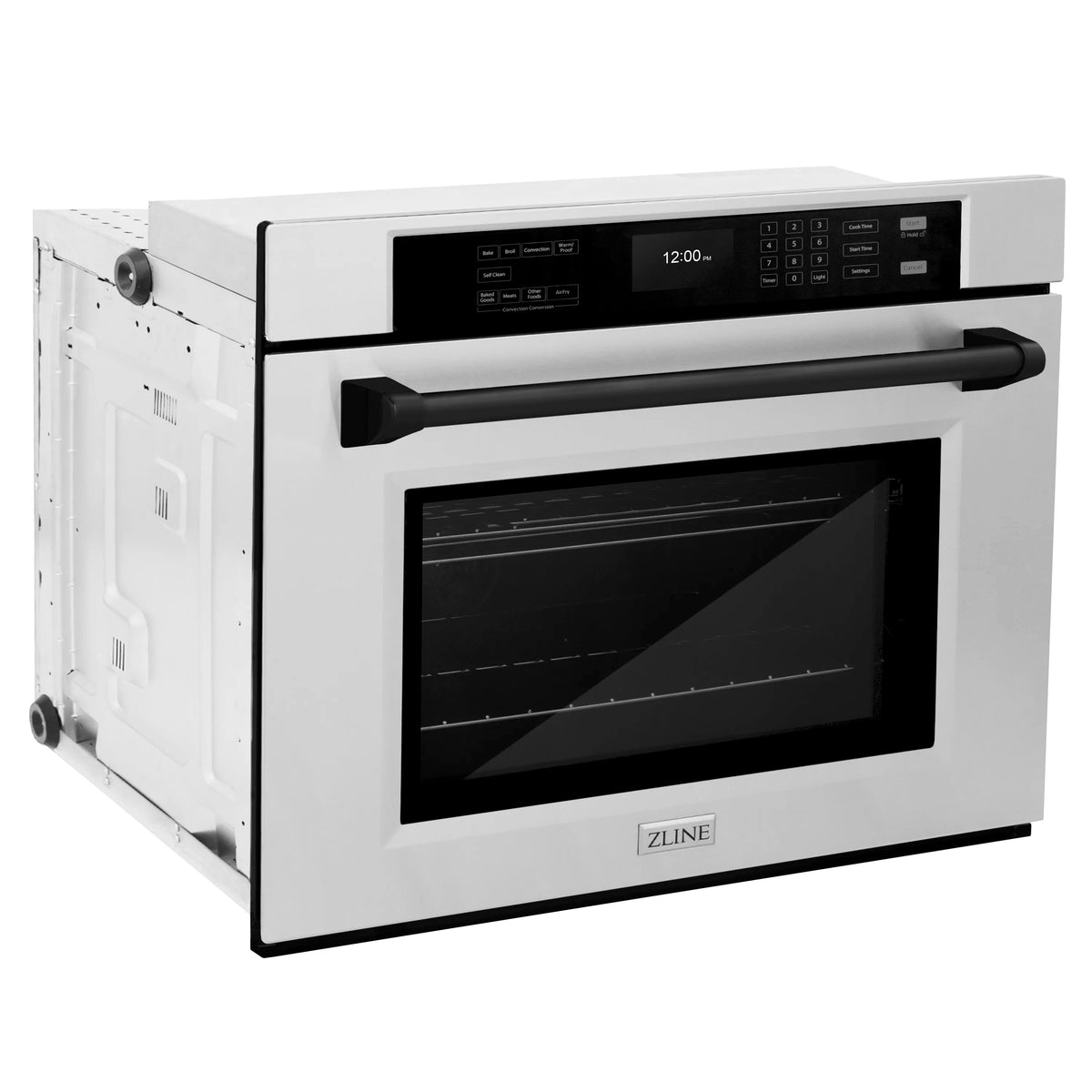 Stainless steel oven with open door, dark glass window, and matte black handle