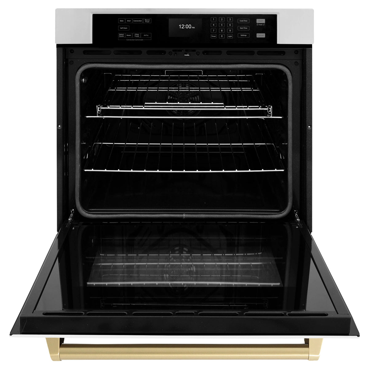 Single-wall oven with door open and gold handle; upper and lower racks visible