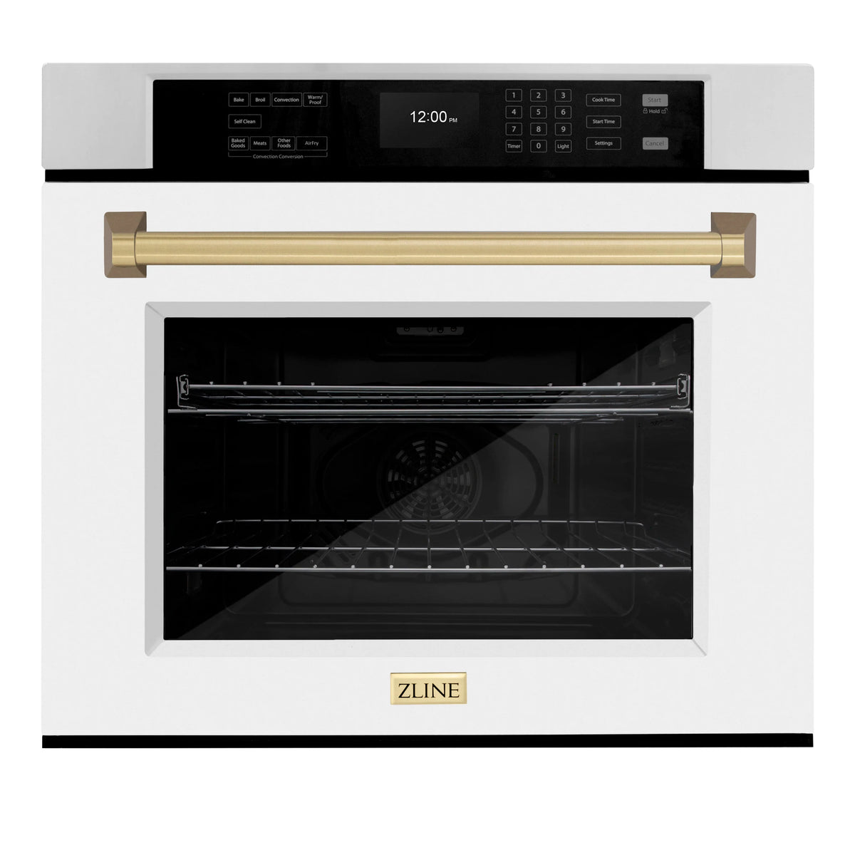 Stainless steel single-wall oven with door open; empty racks inside, front view