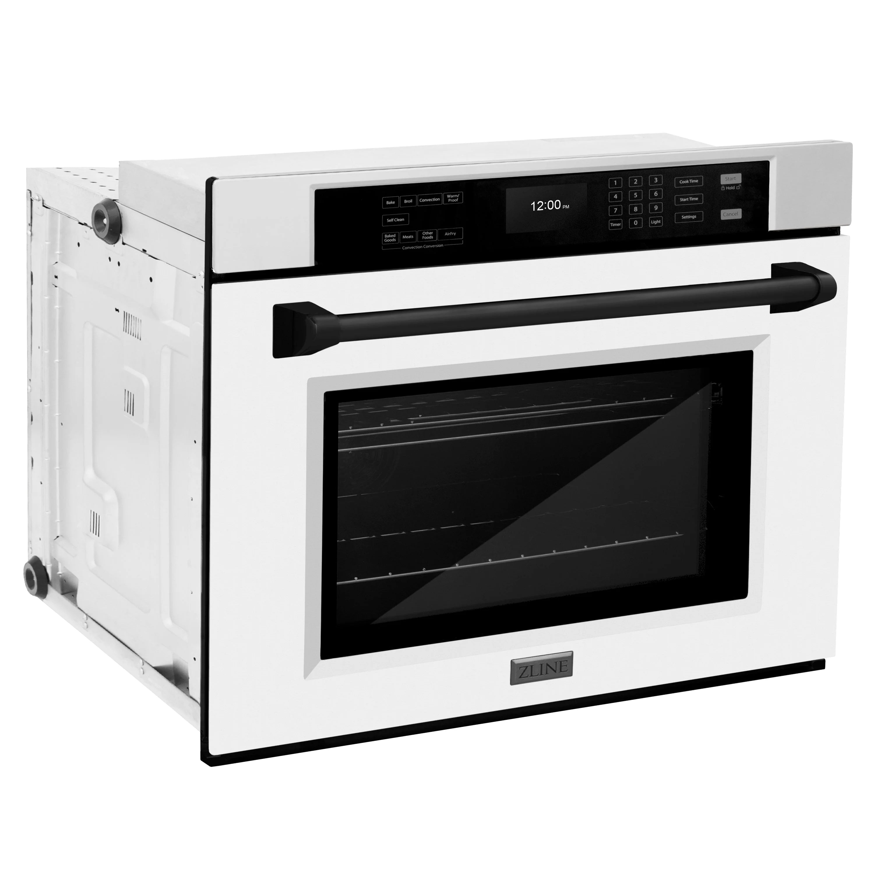 Stainless steel single wall oven with white matte door and matte black handle