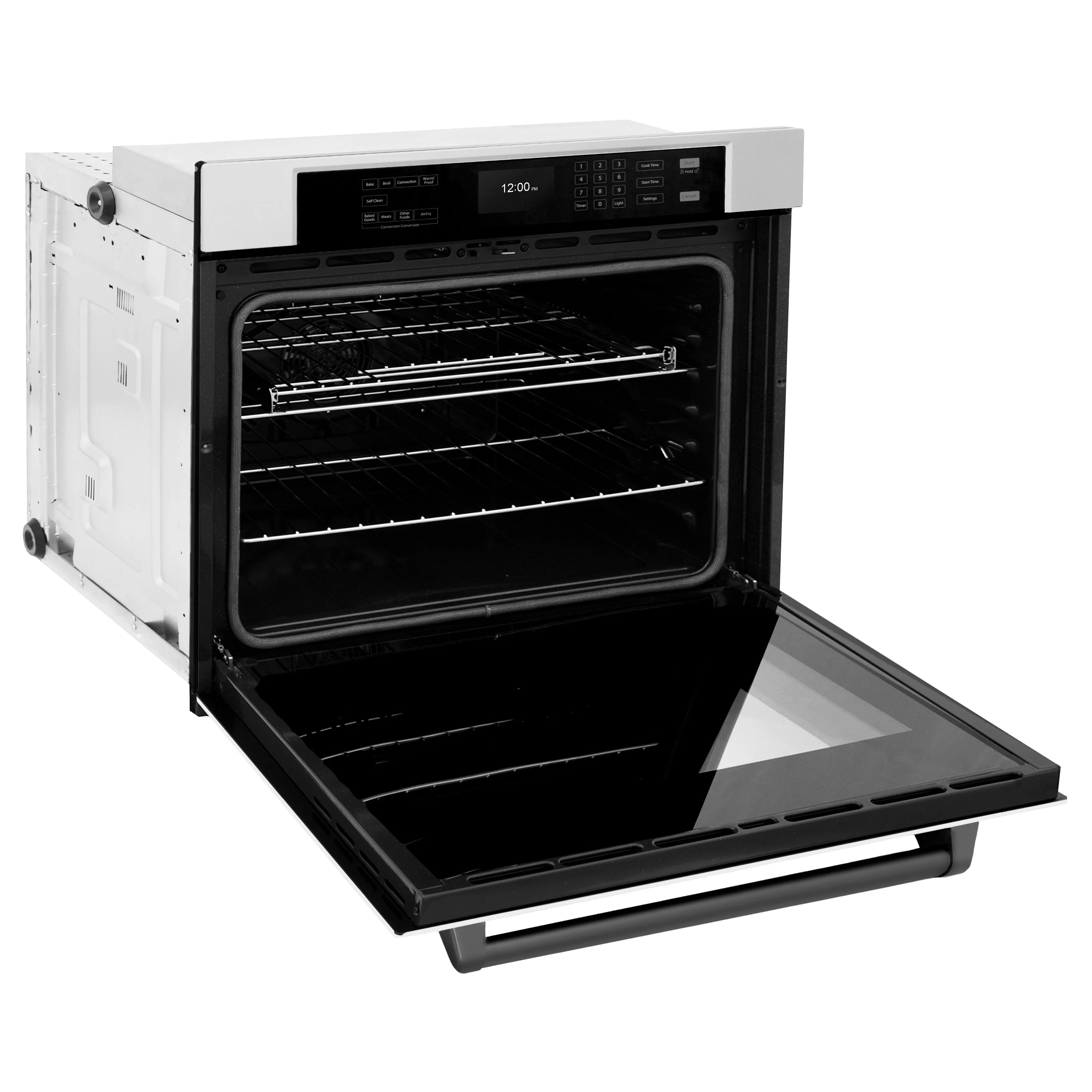 Single wall oven with door open, black interior cavity, rack and tray in view