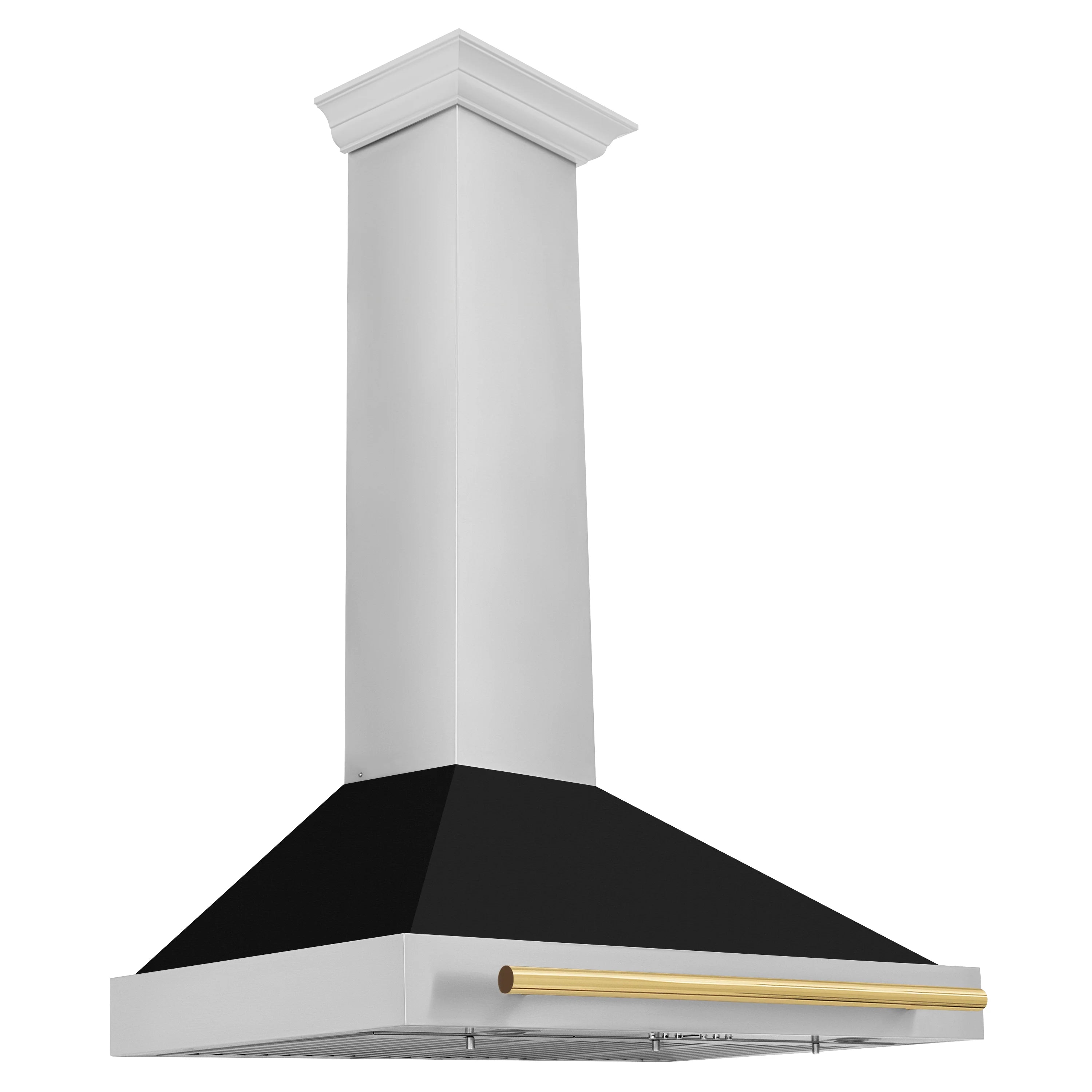 Stainless steel wall hood with black matte canopy and polished gold trim bar