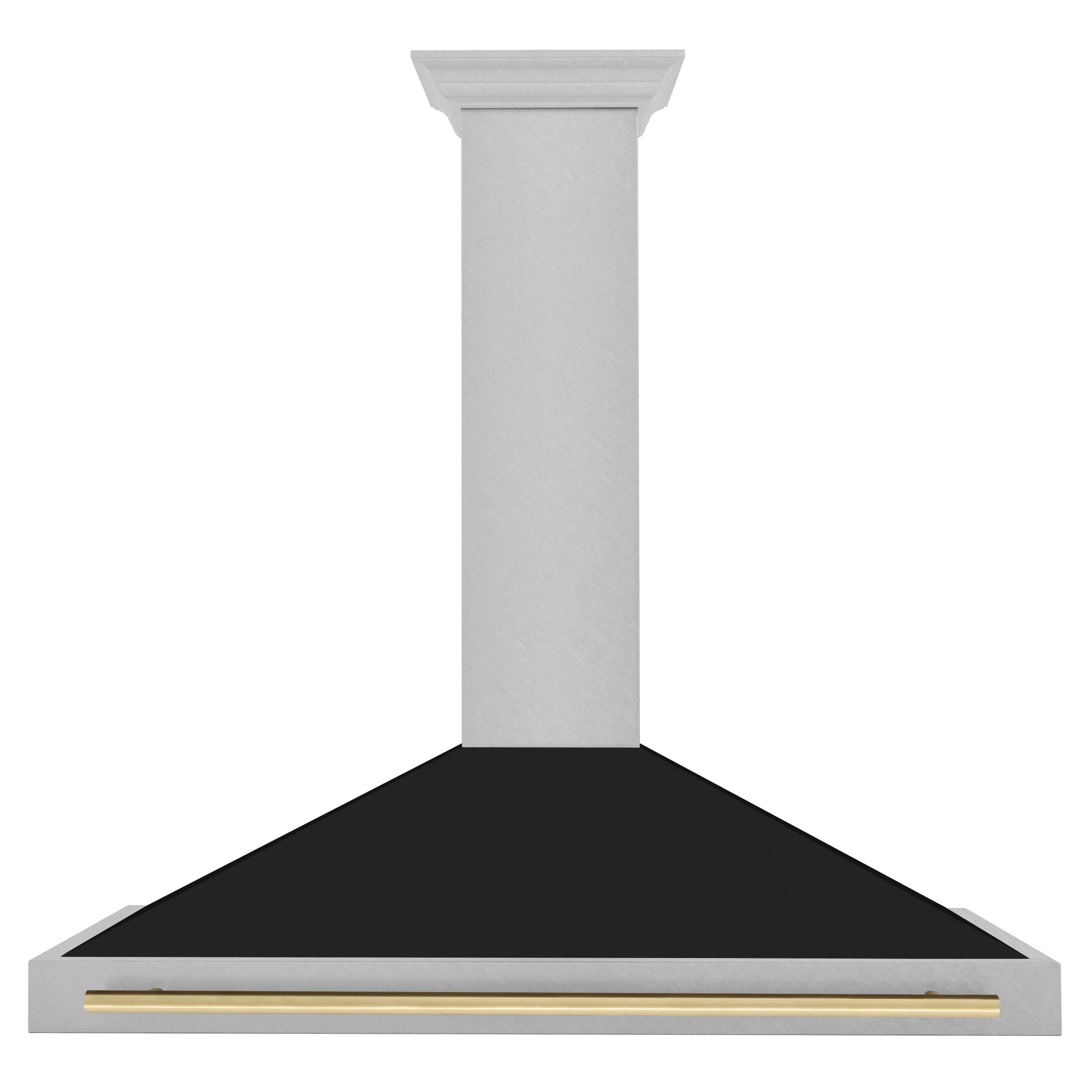 Stainless steel range hood with black baffle and champagne bronze front edge strip