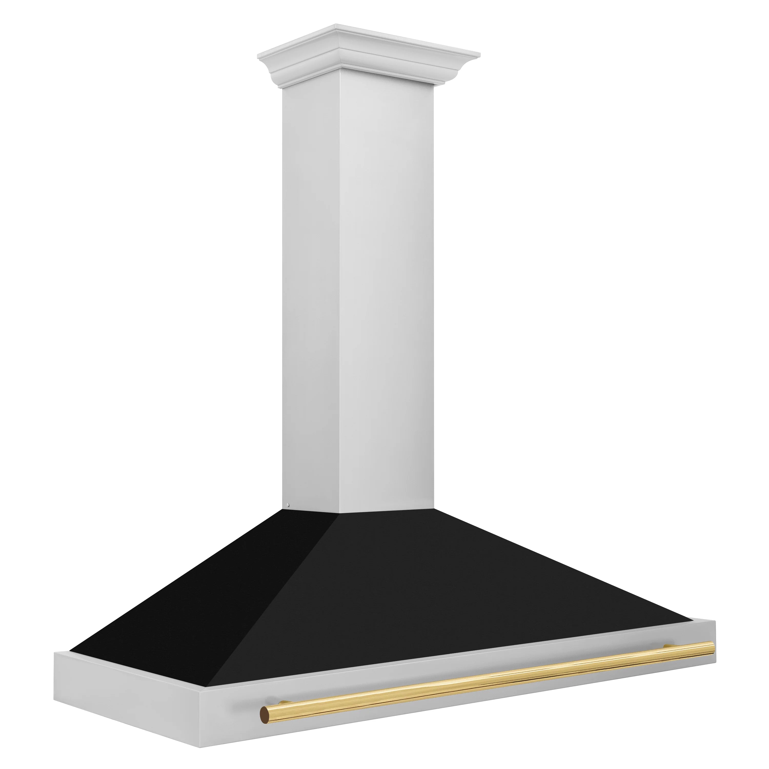 Wall mount range hood canopy with black interior and polished gold trim bar