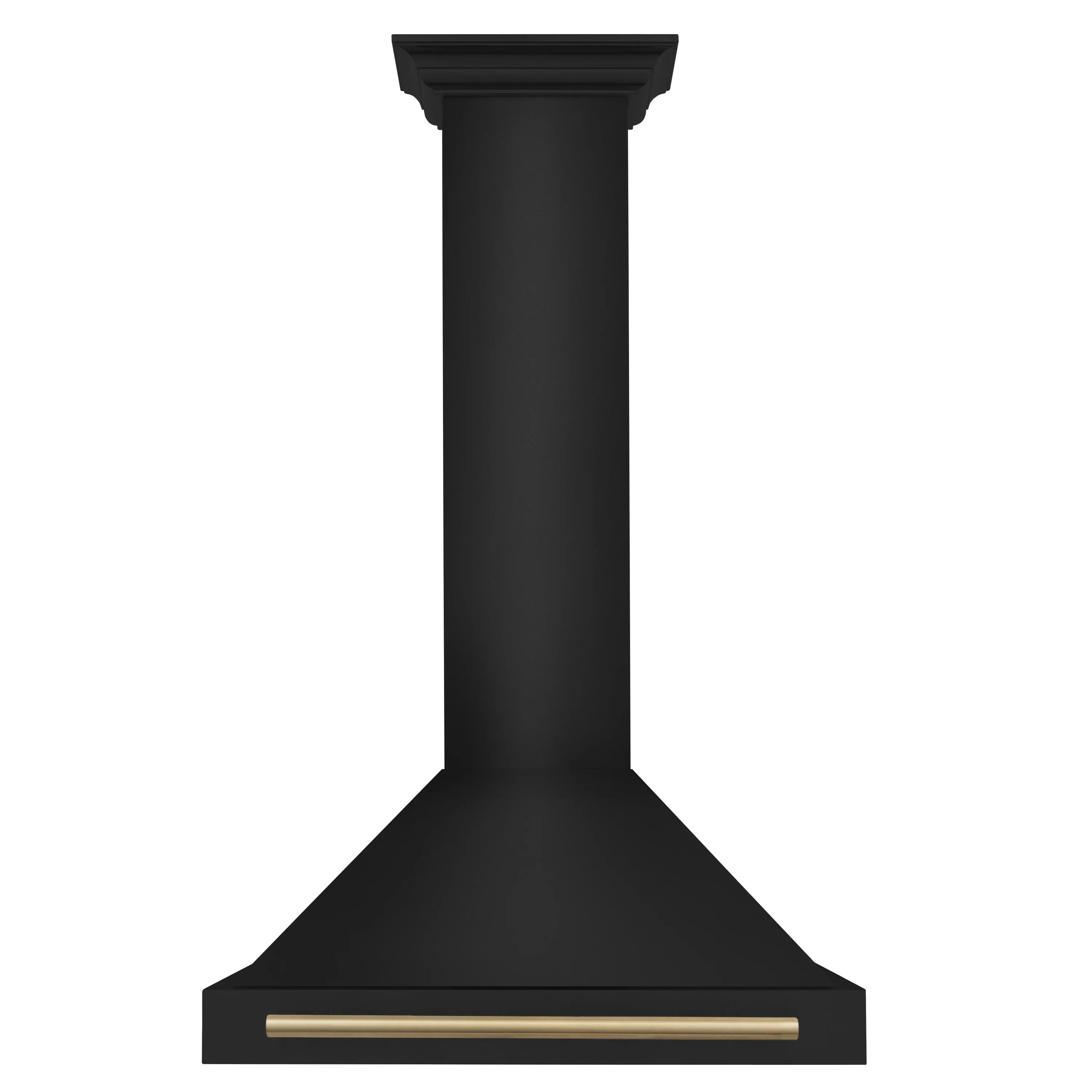 Black convertible wall mount range hood with bronze trim bar and chimney top