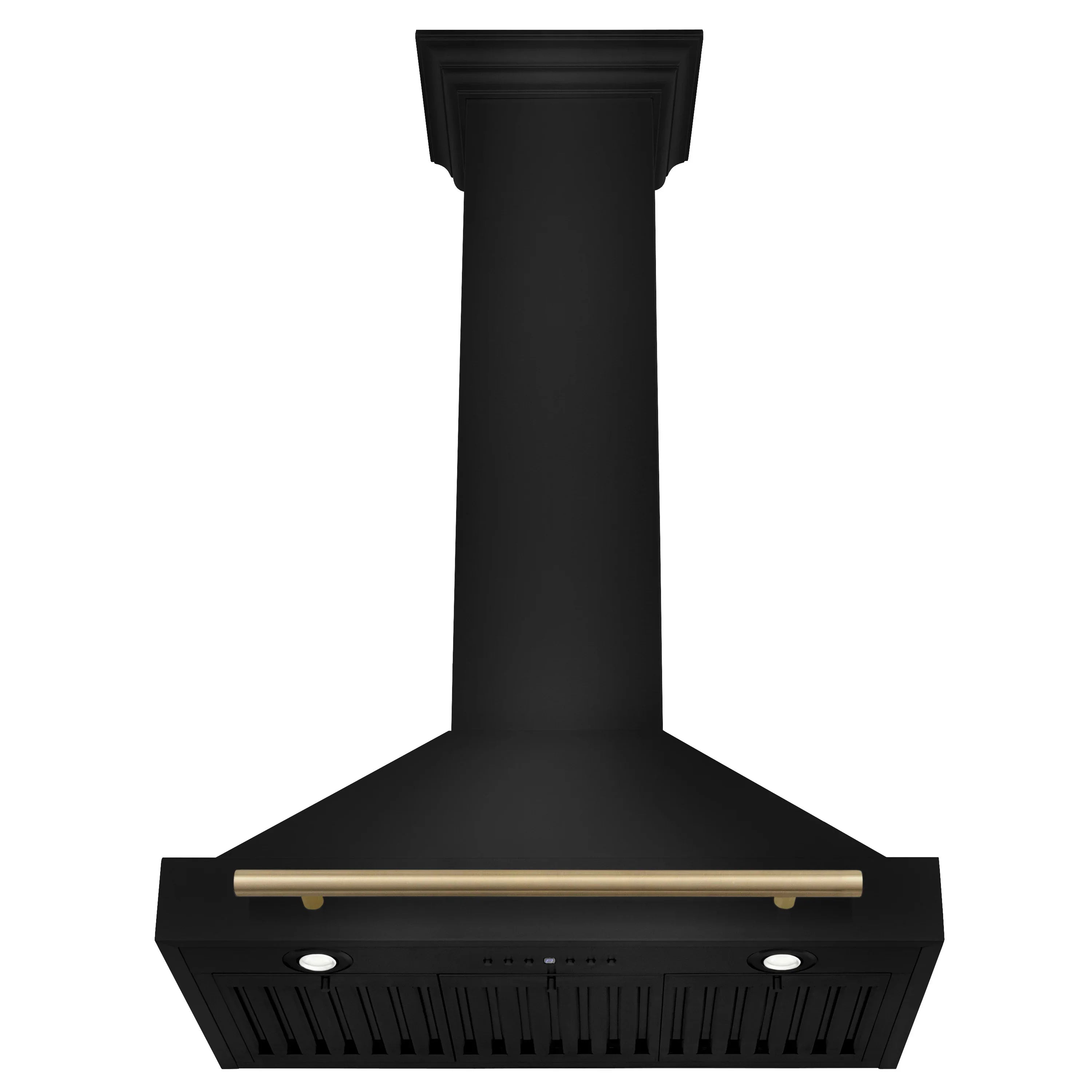 Black chimney-style range hood with vented grille and champagne bronze light bar