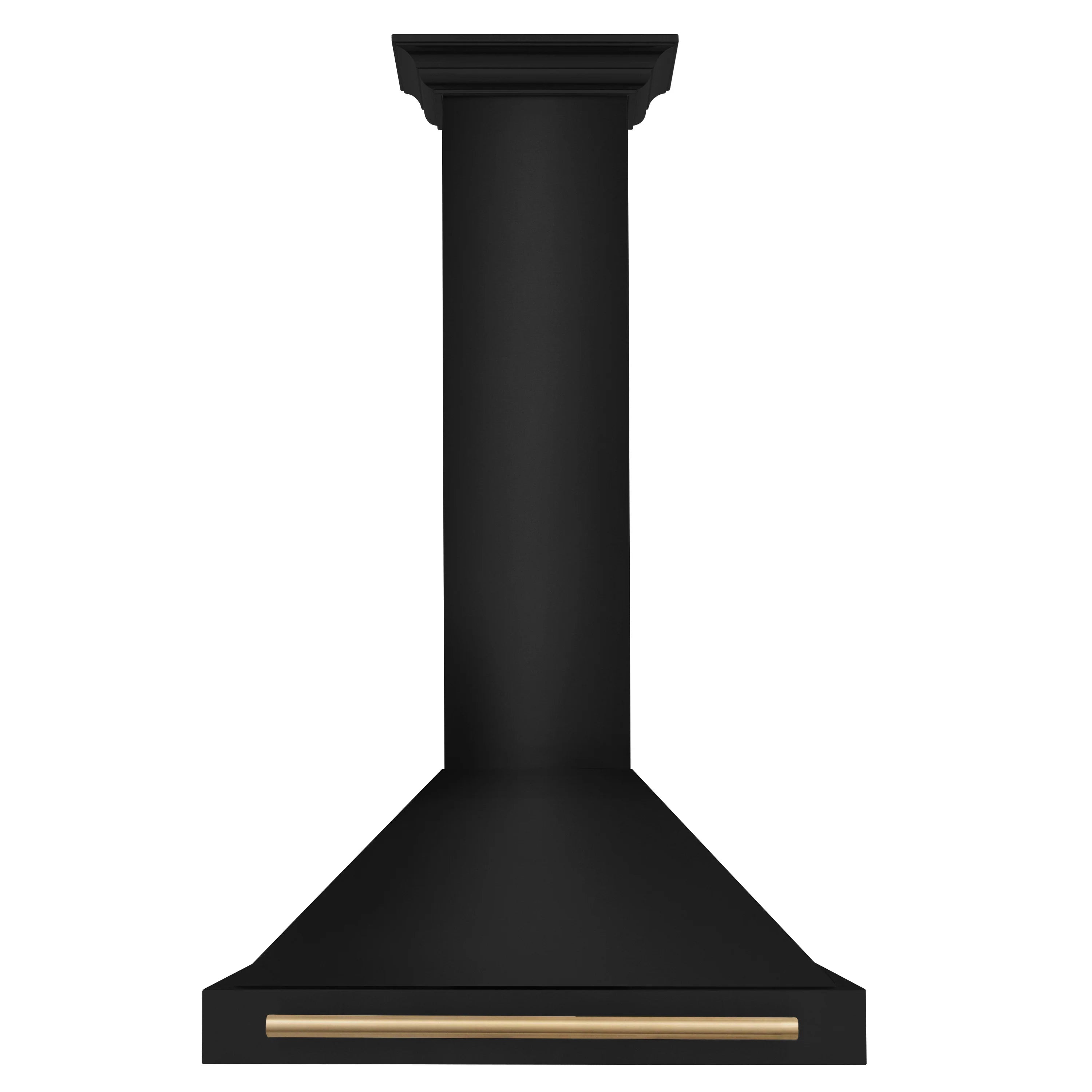 Black wall-mount range hood with polished gold handle bar and matte chimney body.