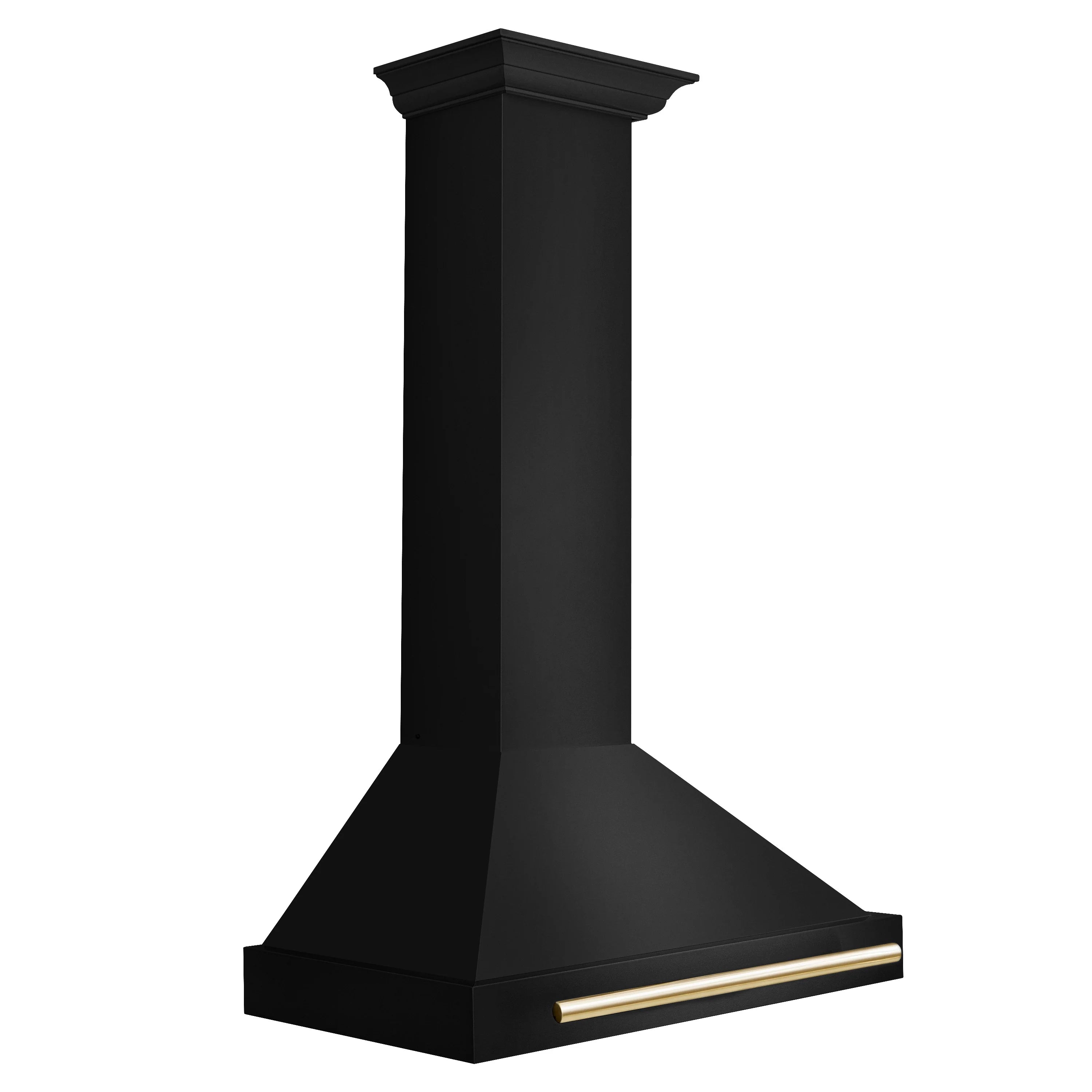 Black wall-mount range hood with gold accent bar along the front edge and wide chimney.