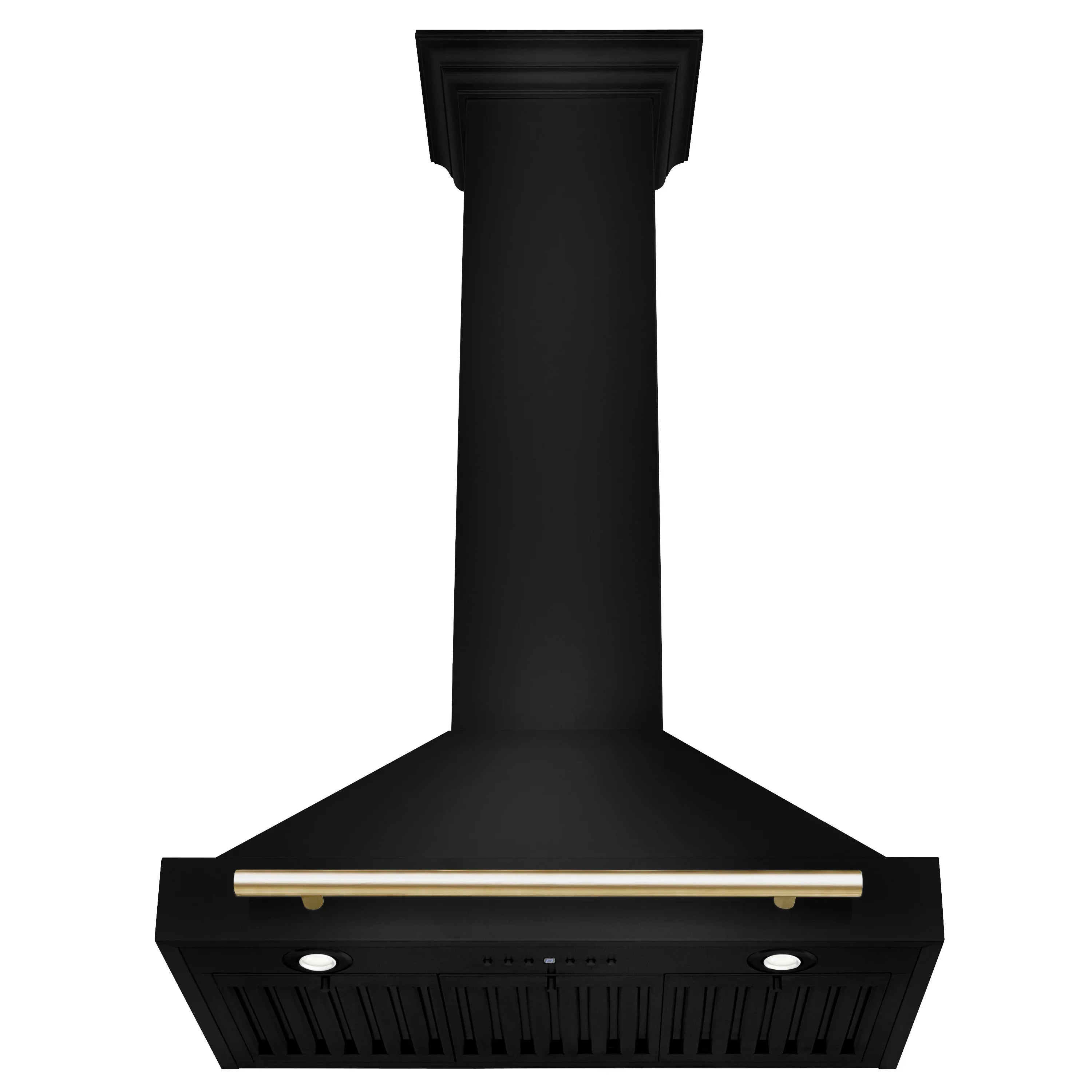 Black wall-mounted range hood with gold trim and vented canopy