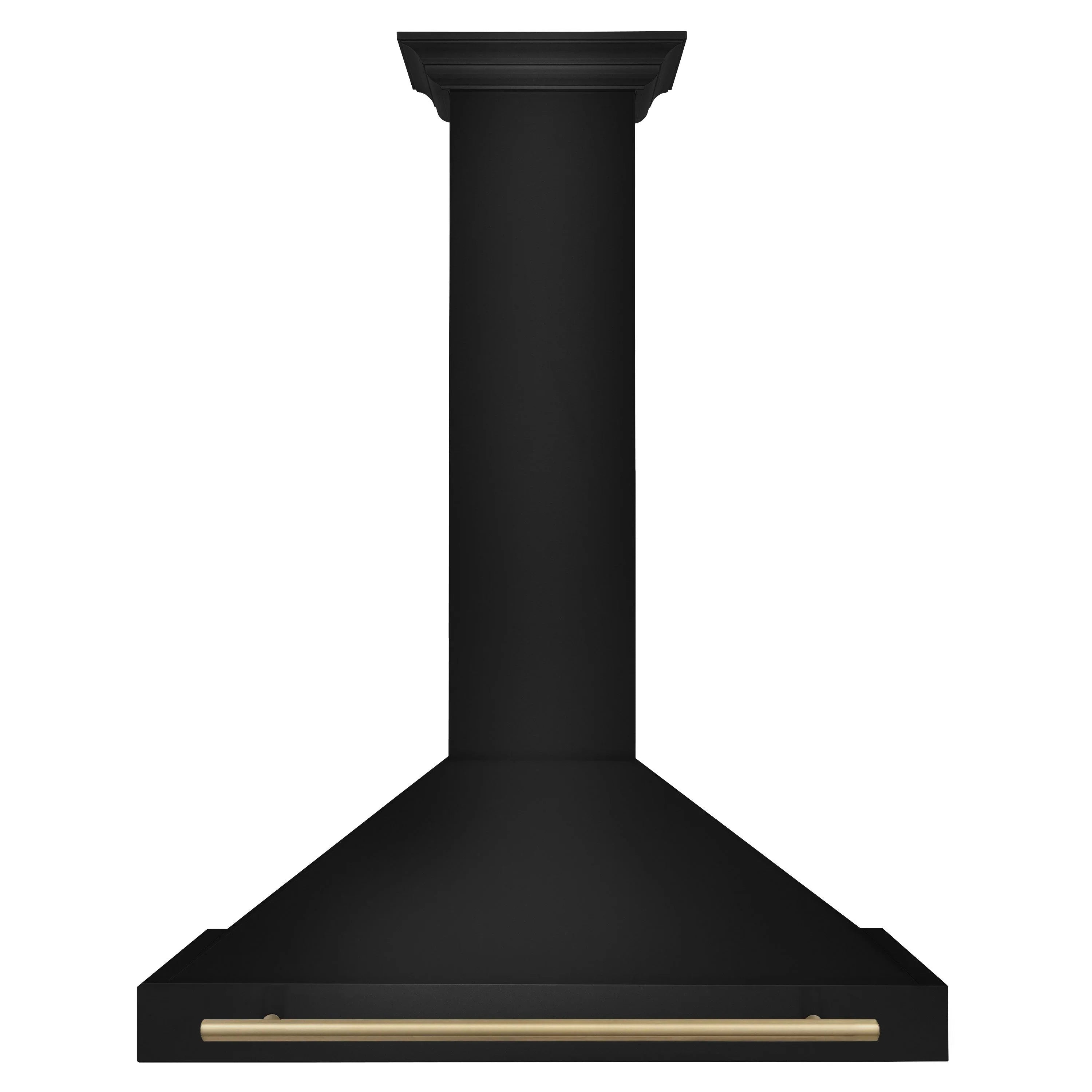 Wall-mounted range hood in black with champagne bronze front trim