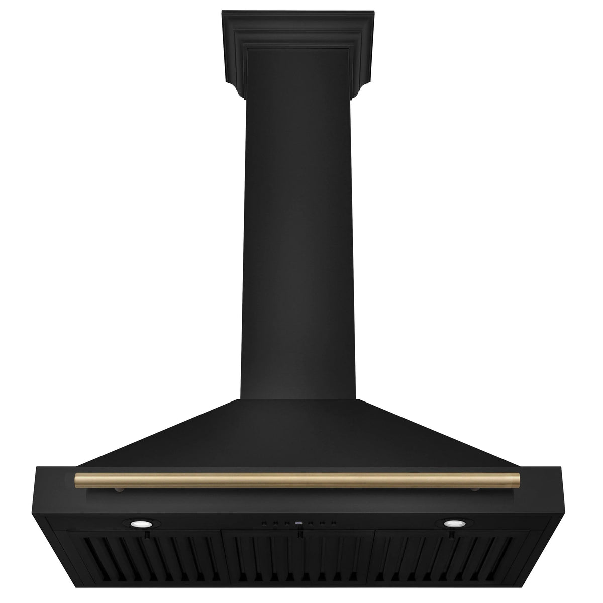 Black chimney range hood with champagne bronze trim and front vent panel