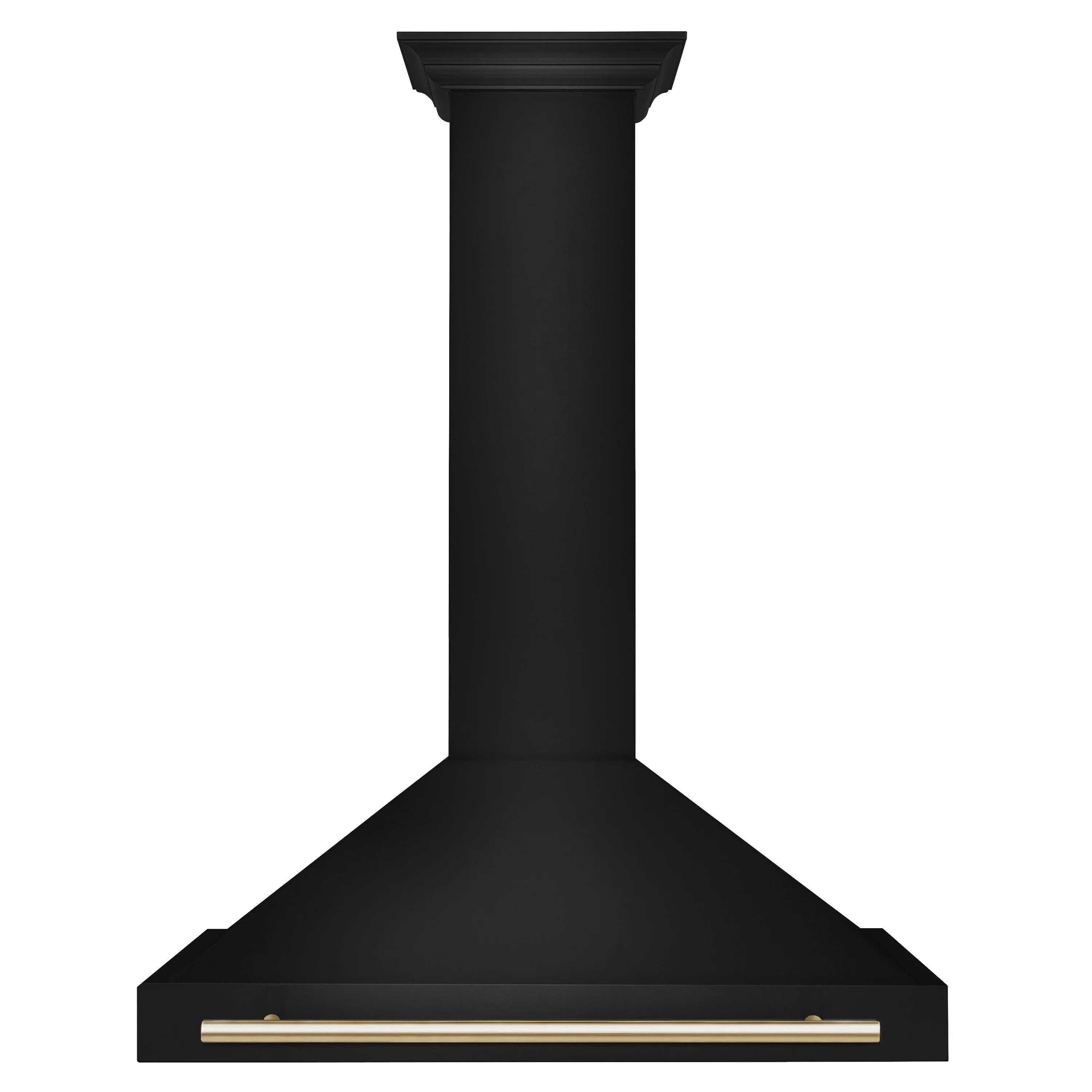 Black wall-mount range hood chimney with gold bottom trim